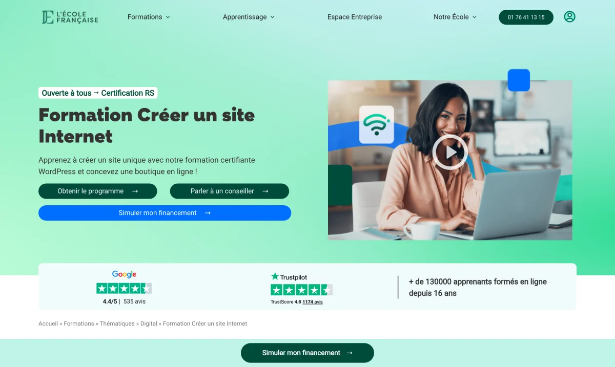 Page de la formation L'École Française « Créer un site Internet », 100 % à distance, certification TOSA WordPress