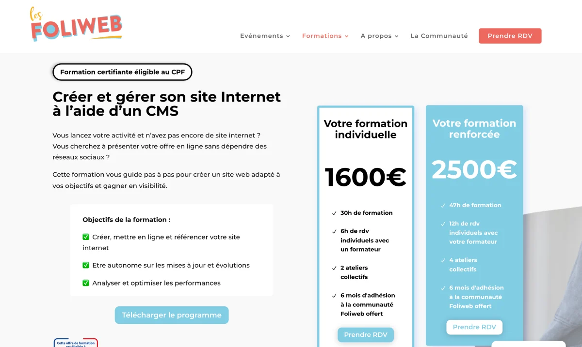 Page de la formation Les Foliweb « Créer et gérer son site internet à l'aide d'un CMS », éligible CPF, 1 600 € à 2 500 €