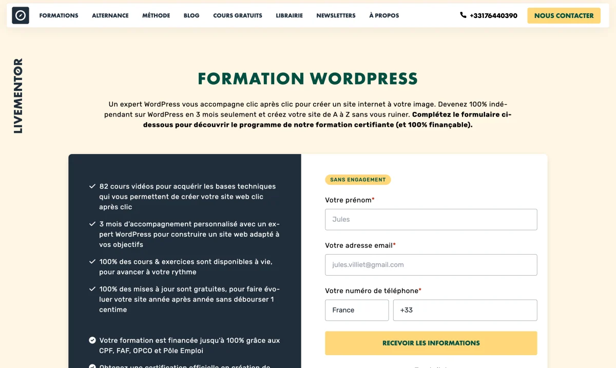 Page de la formation WordPress de LiveMentor : 3 mois pour créer un site rentable, avec accompagnement individuel