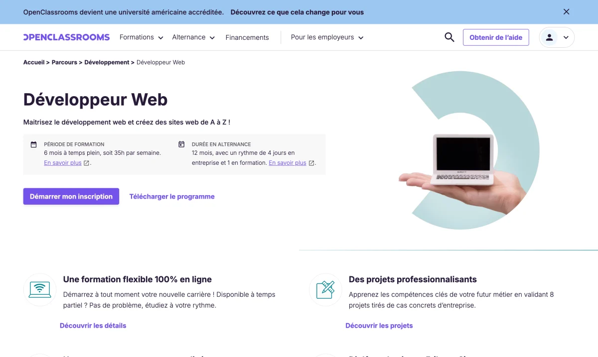 Page du parcours diplômant Développeur Web d'OpenClassrooms : maîtriser le développement web de A à Z