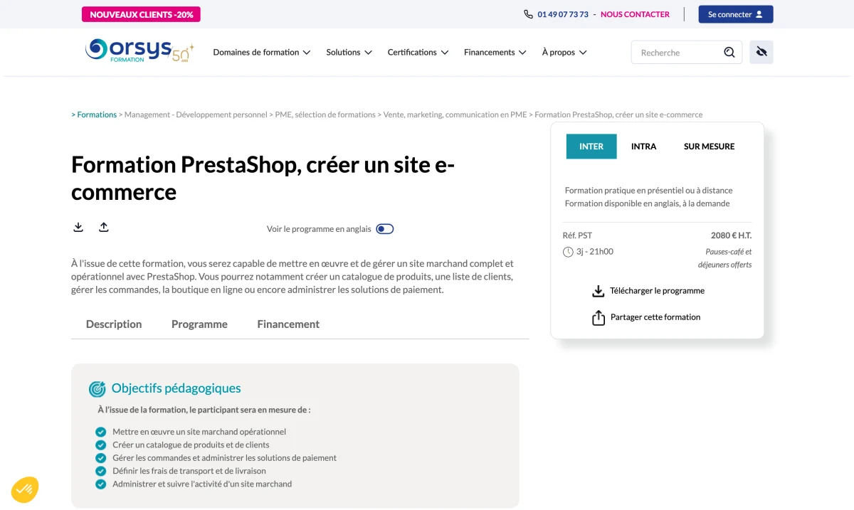 Page de la formation Orsys « PrestaShop, créer un site e-commerce », 3 jours, 2 080 € HT