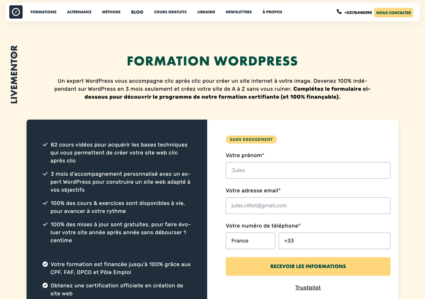 La page de la formation WordPress de LiveMentor en juillet 2026