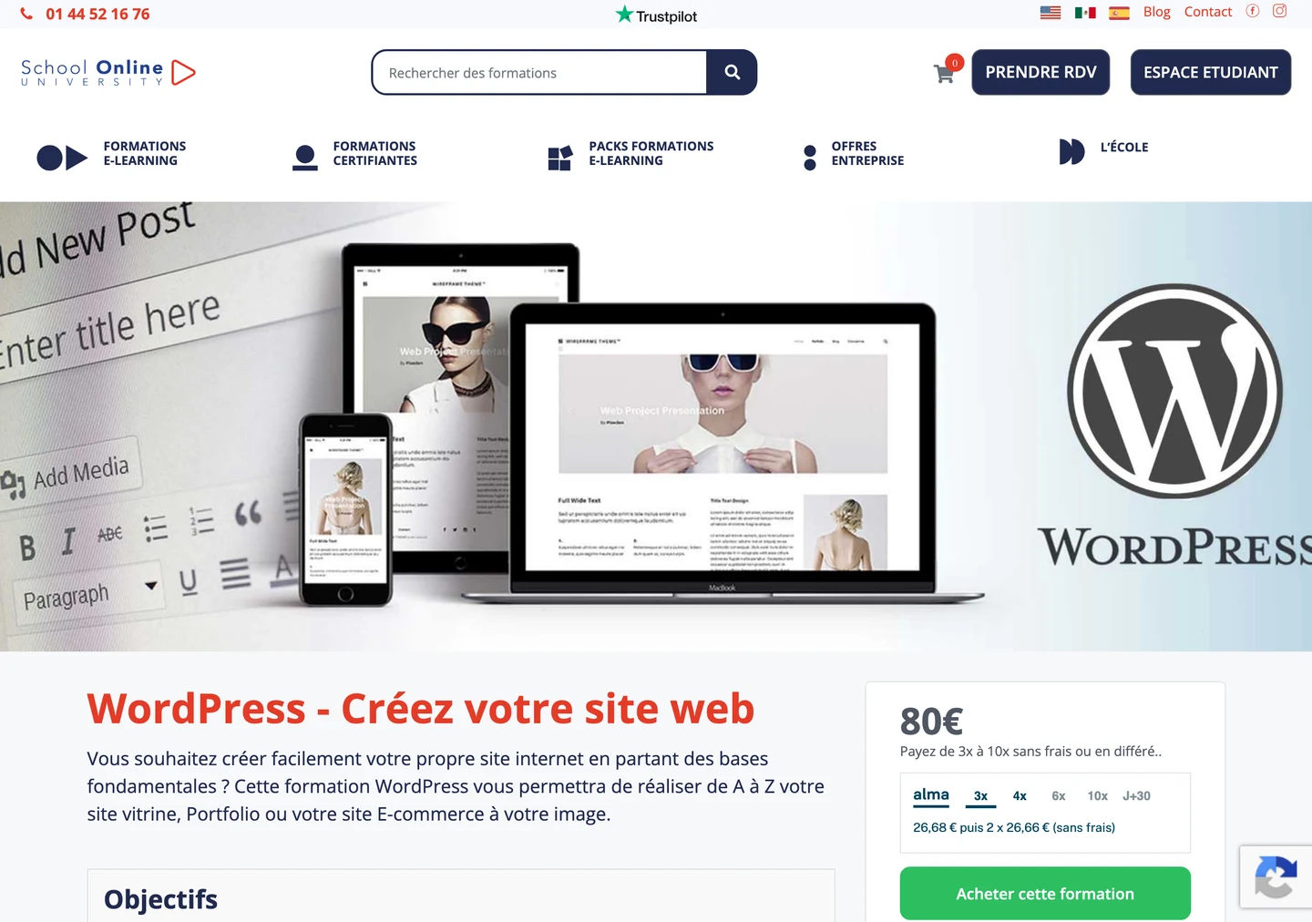 La page de la formation WordPress Créez votre site web de School Online University en juillet 2026