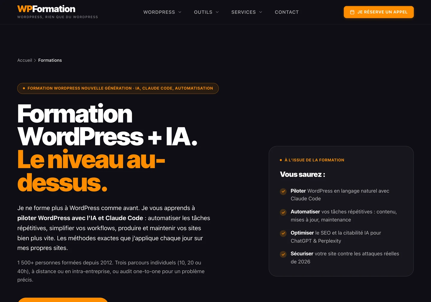 La page Formation WordPress + IA de WP Formation en juillet 2026