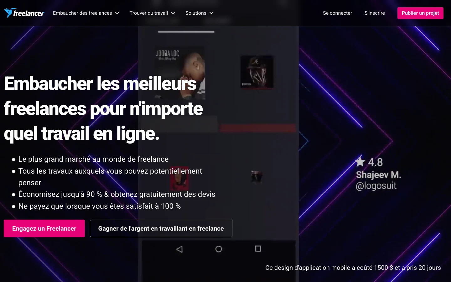 La page d'accueil de Freelancer.com en 2026, place de marché mondiale de freelances