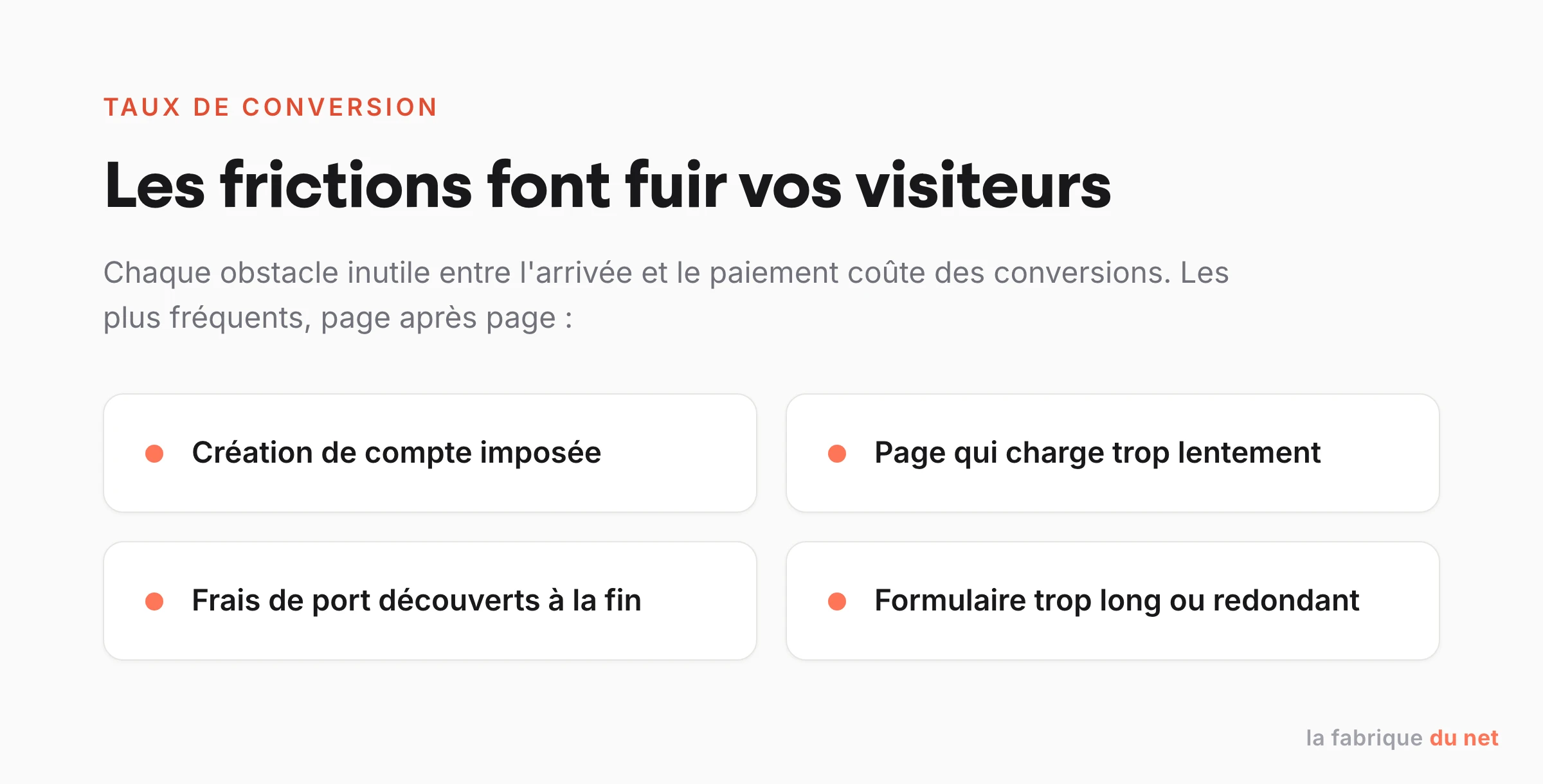 Les frictions qui font fuir les visiteurs : création de compte imposée, page lente, frais de port surprise, formulaire trop long