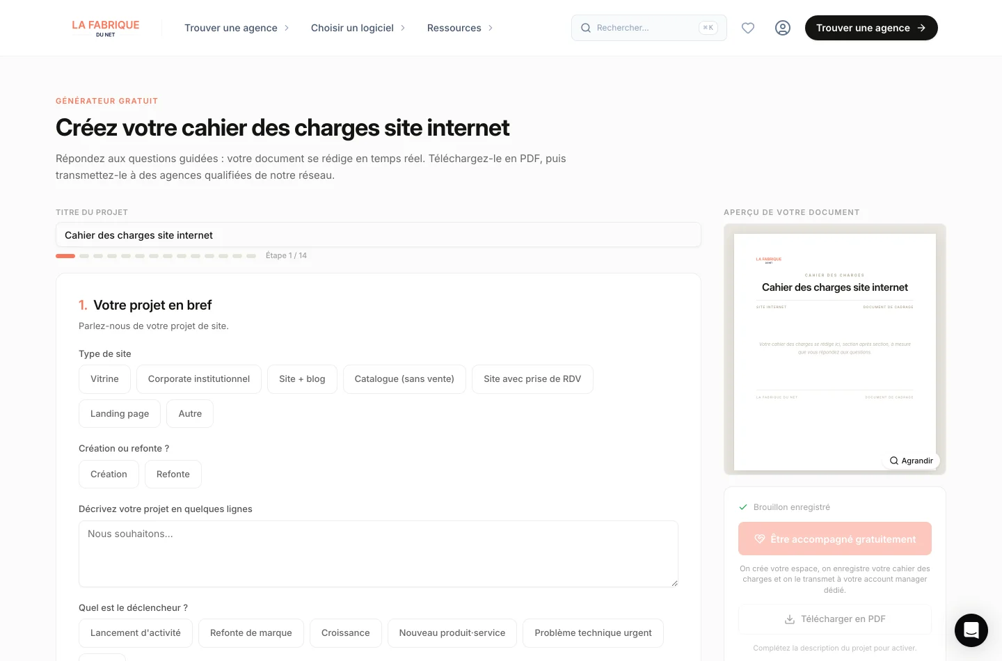 Le générateur de cahier des charges gratuit de La Fabrique du Net : questionnaire guidé et aperçu du document en temps réel, téléchargeable en PDF