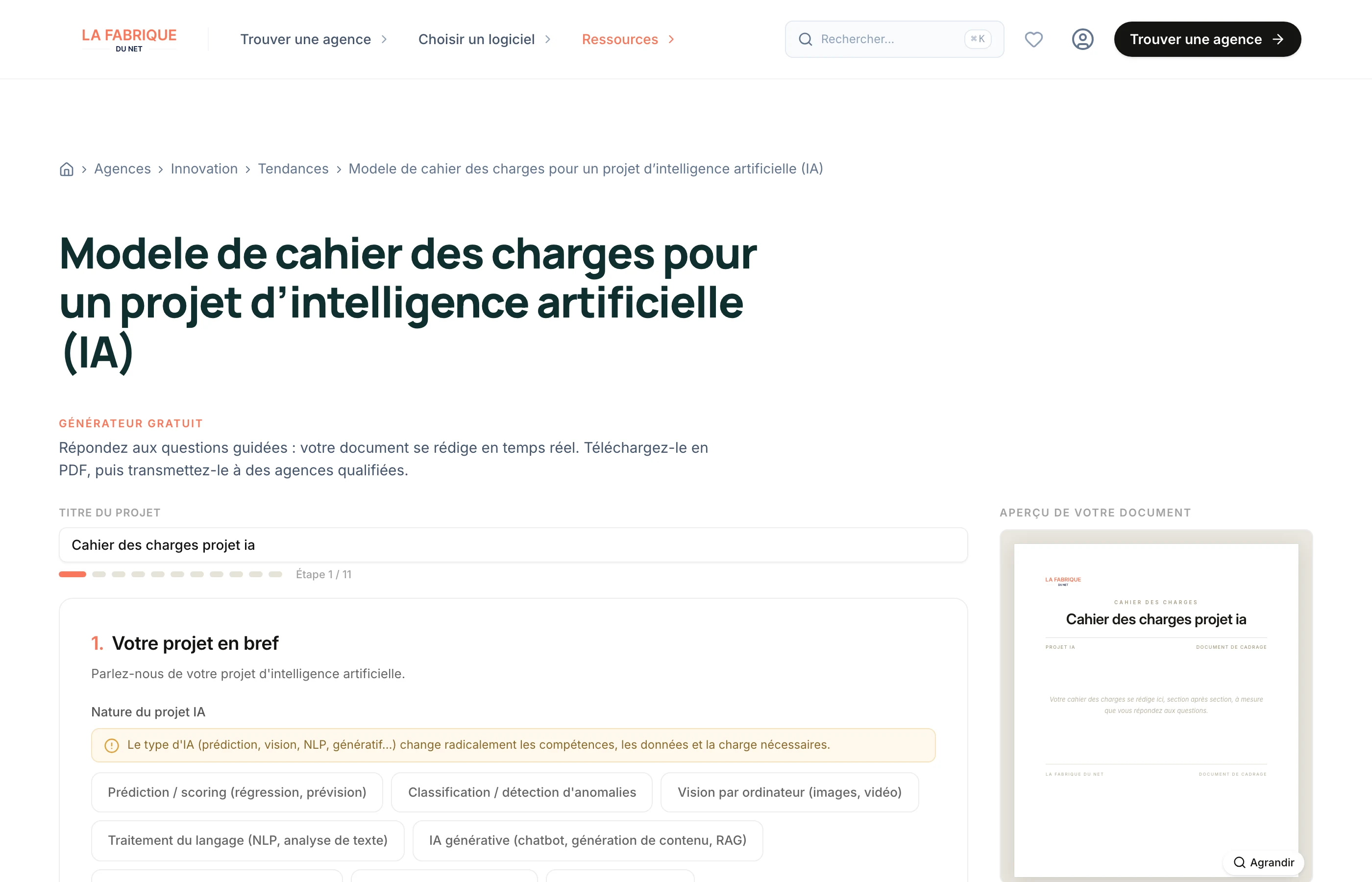 Le générateur gratuit de cahier des charges IA de La Fabrique du Net : parcours guidé en 11 étapes avec aperçu PDF en temps réel