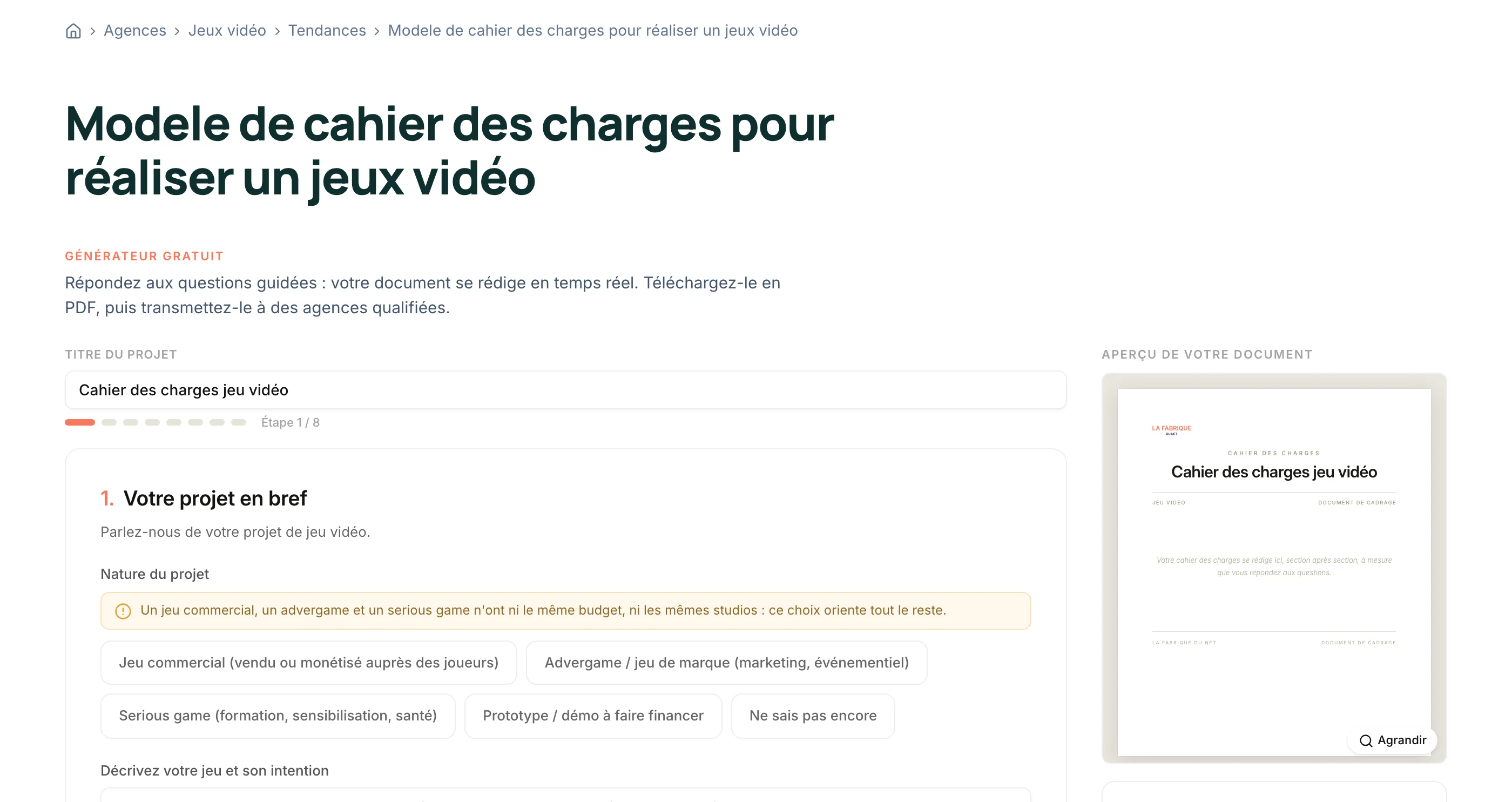 Le générateur gratuit de cahier des charges jeu vidéo de La Fabrique du Net : parcours guidé en 8 étapes avec aperçu PDF en temps réel