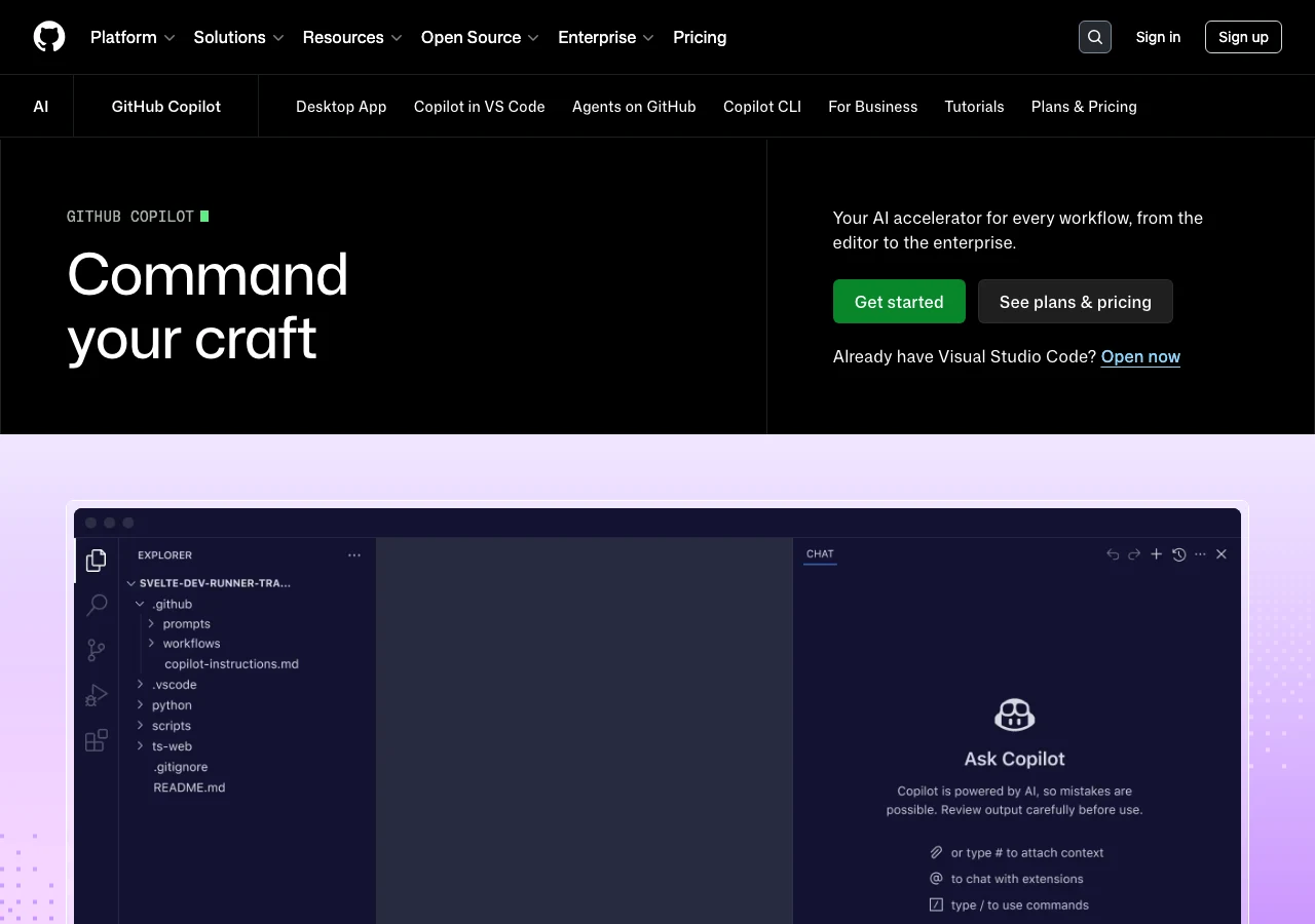 Capture de la page GitHub Copilot en juillet 2026 : l'assistant IA de développement intégré à l'éditeur de code, devenu un standard des agences de développement logiciel pour générer le code répétitif et les tests