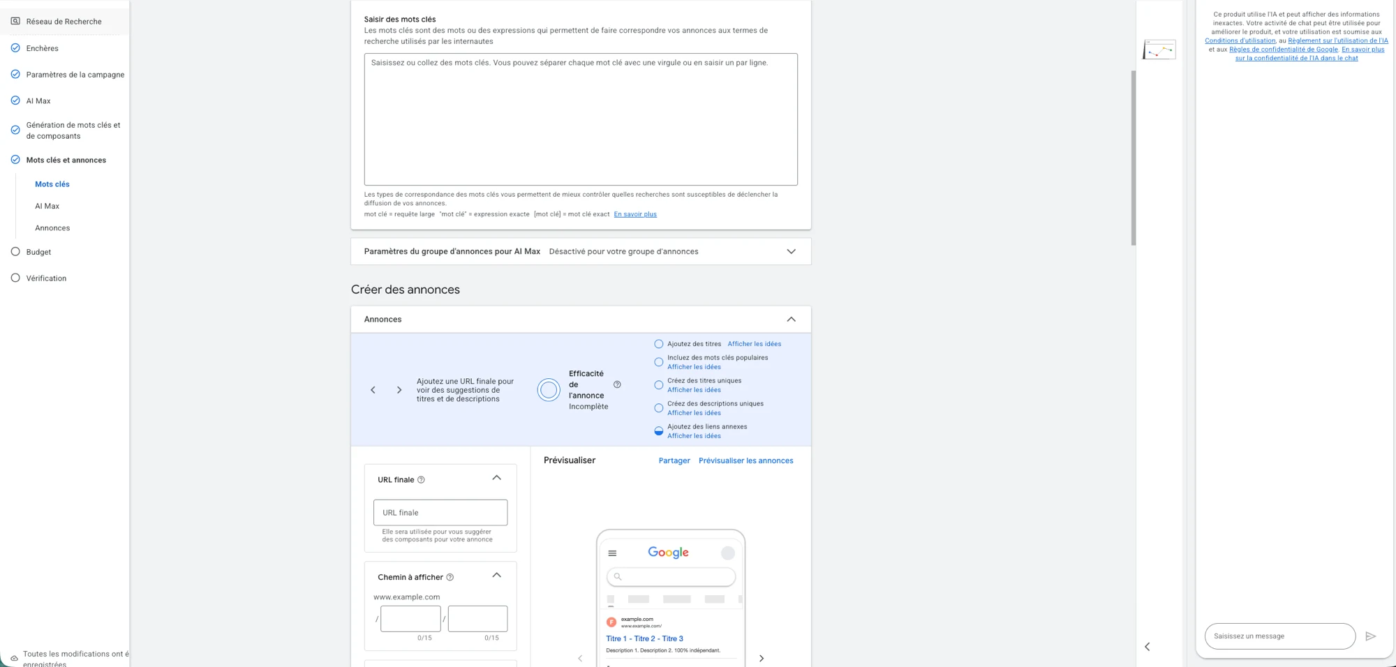 La saisie des mots clés (types de correspondance rappelés : large, expression, exact) et la création d'une annonce RSA avec prévisualisation, dans l'interface Google Ads de juillet 2026