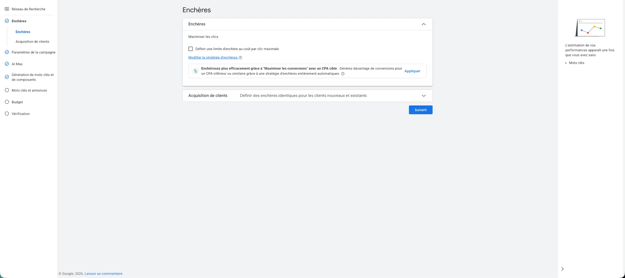 L'étape enchères de la création de campagne Google Ads (juillet 2026) : Maximiser les clics avec limite de CPC max, et la suggestion de passer en CPA cible à refuser au début