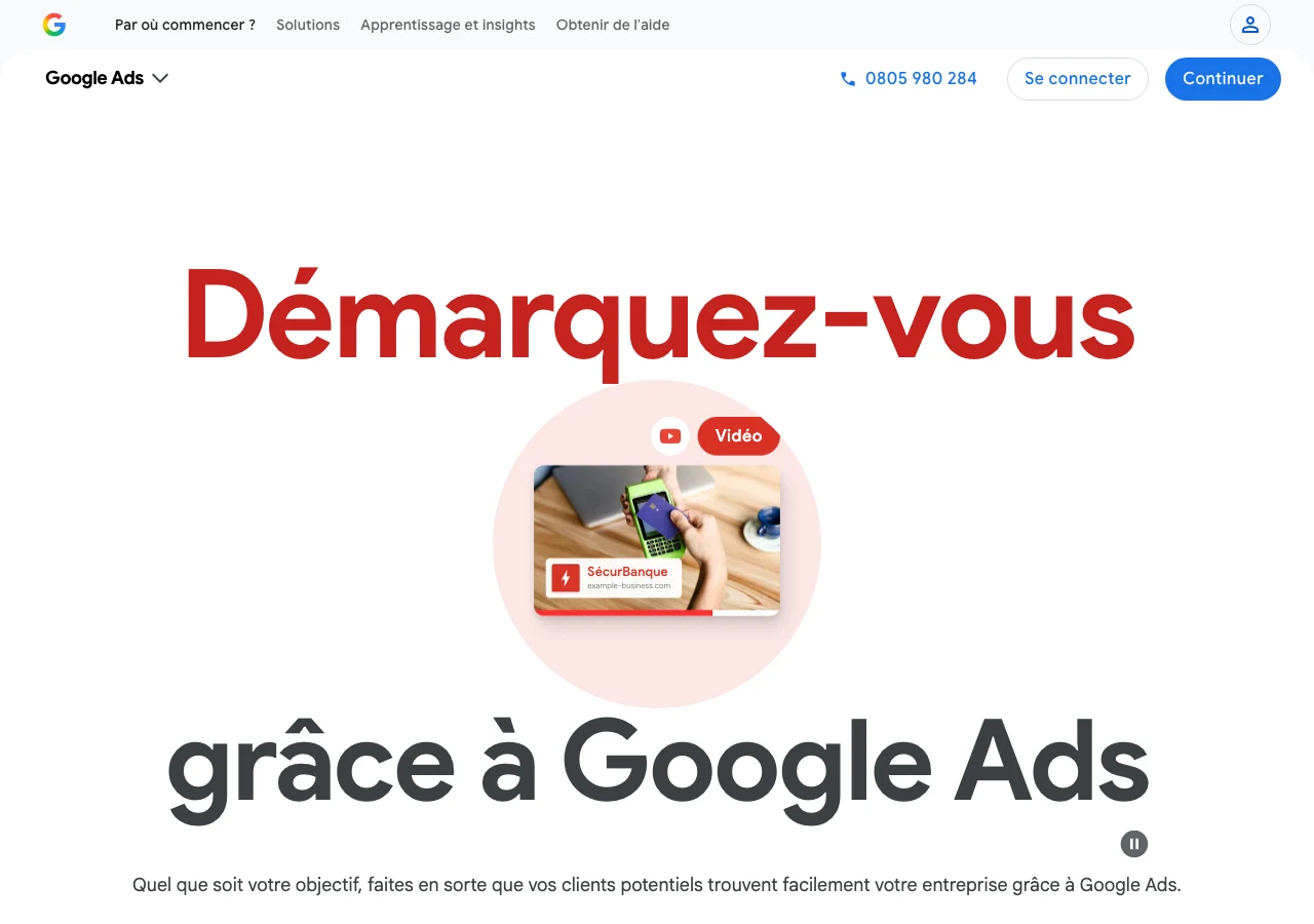 Capture de la page d'accueil Google Ads en français en juillet 2026, avec une publicité mobile en démonstration : le premier réseau publicitaire pour capter une demande existante sur mobile