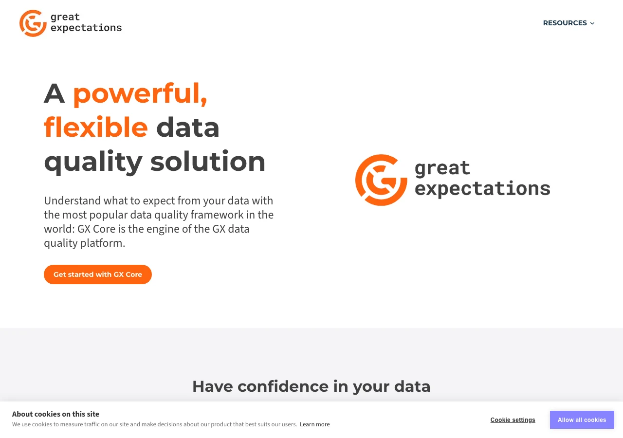 Capture du site de Great Expectations en juillet 2026, le framework open source de data quality qui applique aux données la logique des tests unitaires : déclarer ce qu'on attend de chaque colonne et vérifier en continu, l'outillage de la qualité de données industrialisée