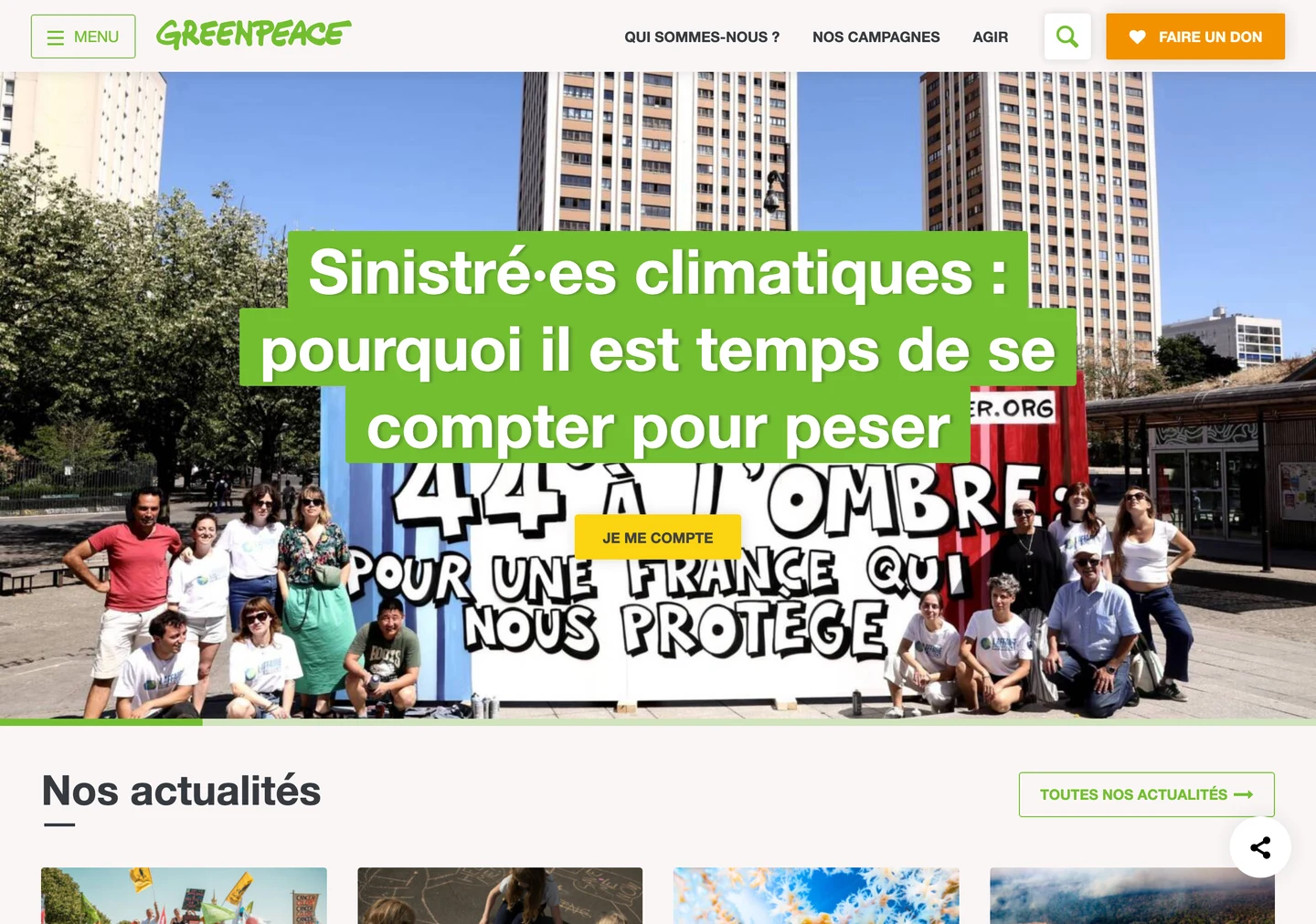 Page d'accueil de greenpeace.fr en juillet 2026 : typographie verte du logo, photographie militante et bouton Faire un don avec une icône de cœur