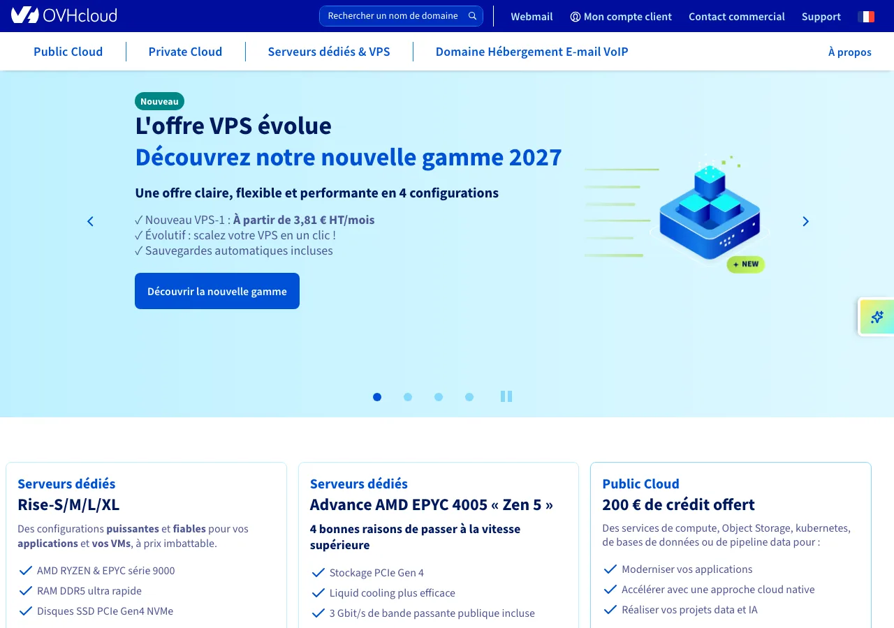 Page d'accueil d'OVHcloud, hébergeur européen, offres VPS et serveurs dédiés