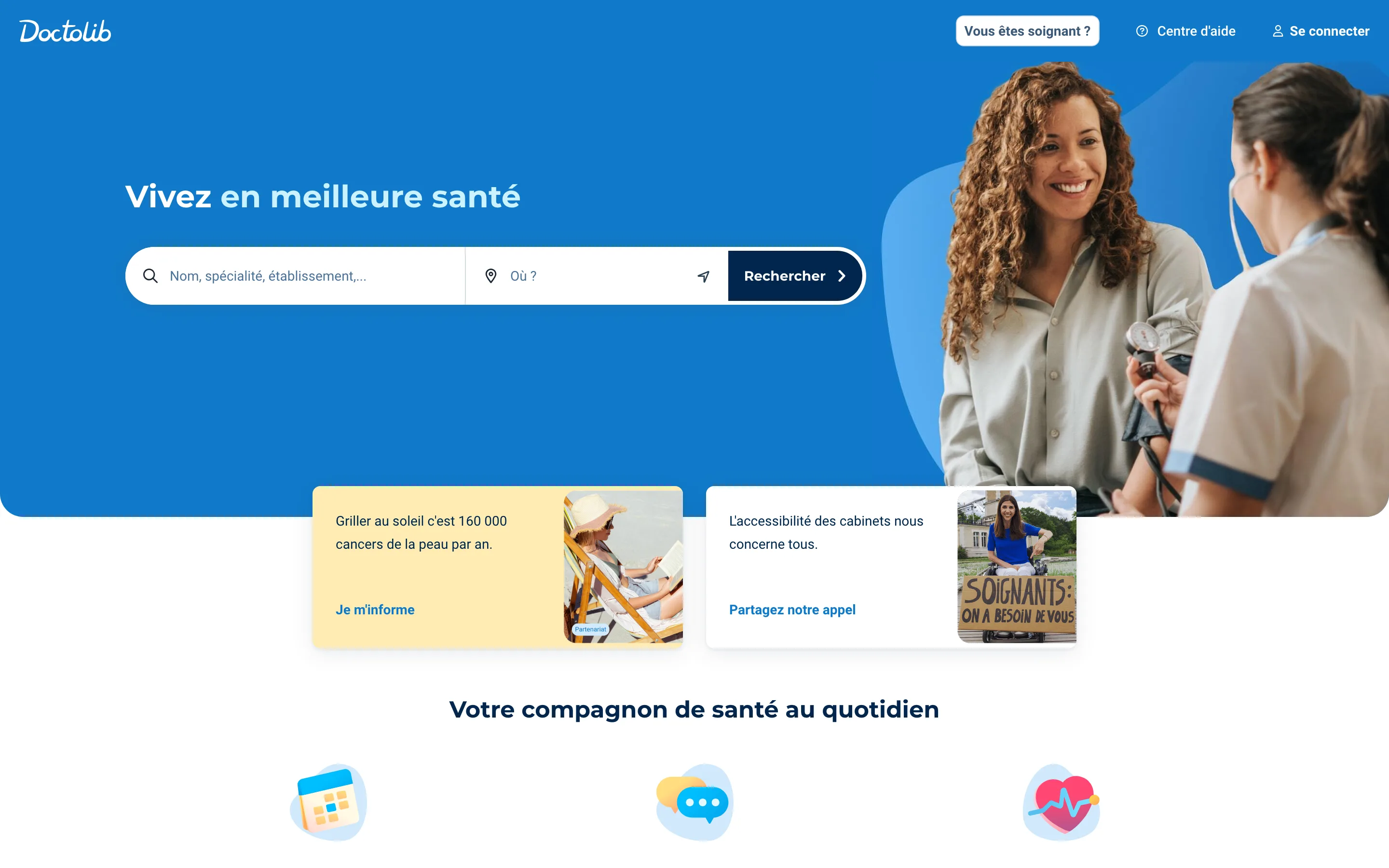 Page d'accueil de Doctolib : hero avec barre de recherche par nom, spécialité et lieu, capture du 7 juillet 2026