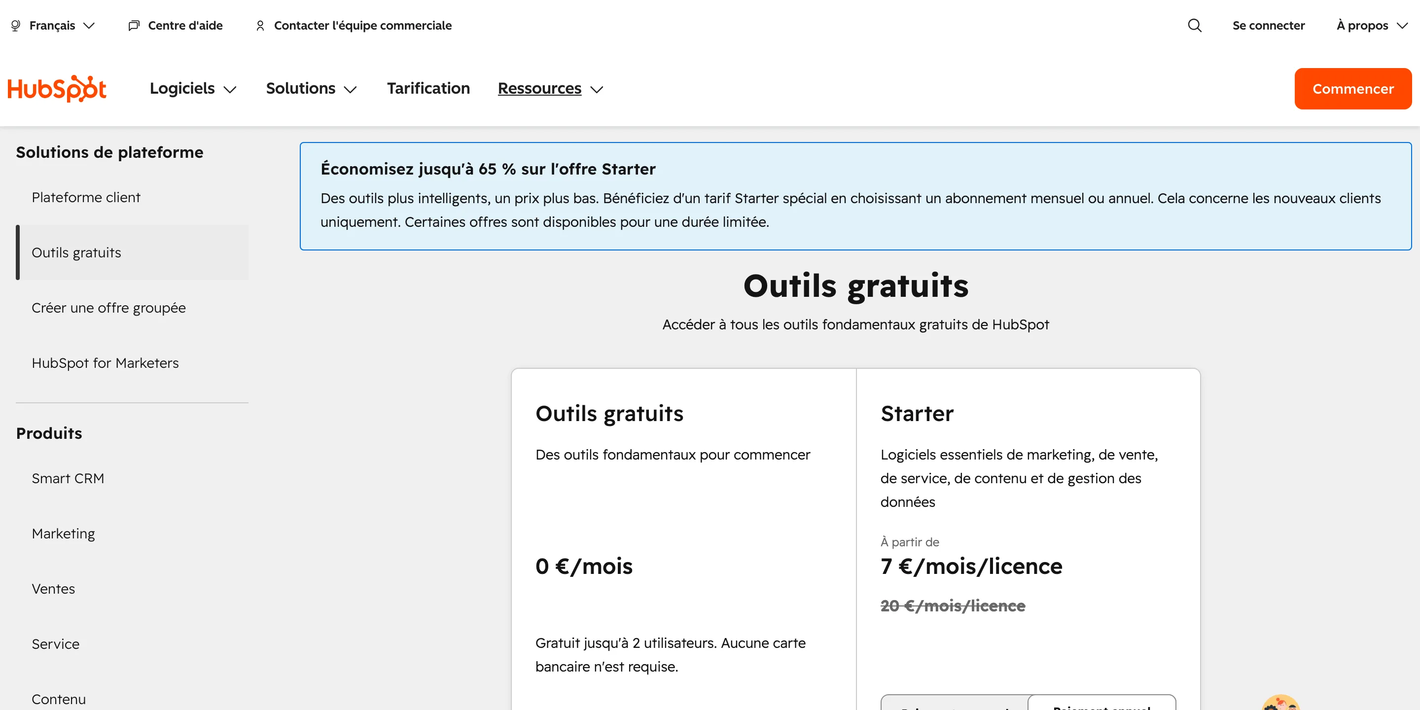 Page de tarification HubSpot montrant une offre gratuite et une formule Starter facturée par licence
