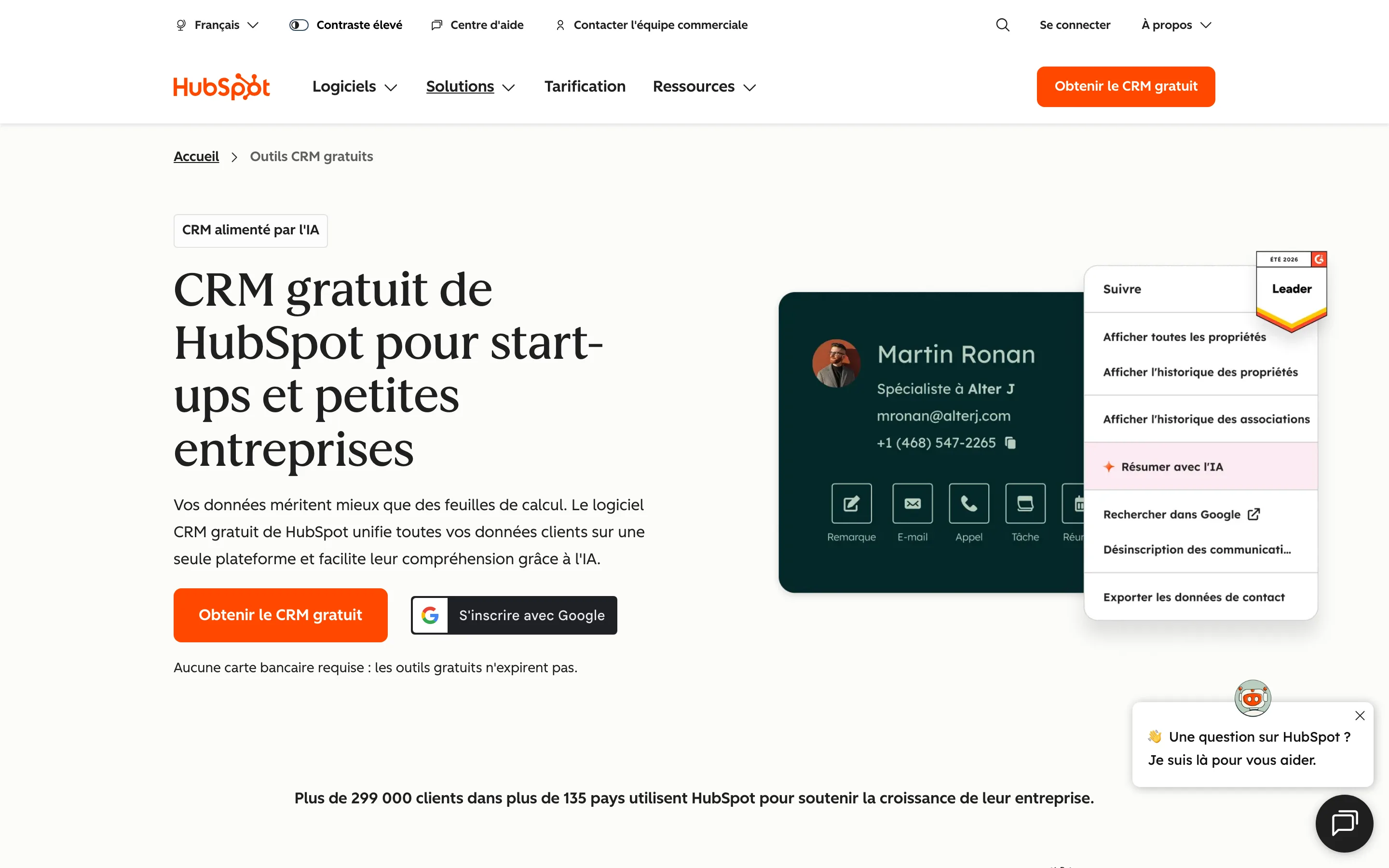 Fiche contact dans le CRM gratuit de HubSpot, avec coordonnées et actions rapides. Capture réalisée le 6 juillet 2026.