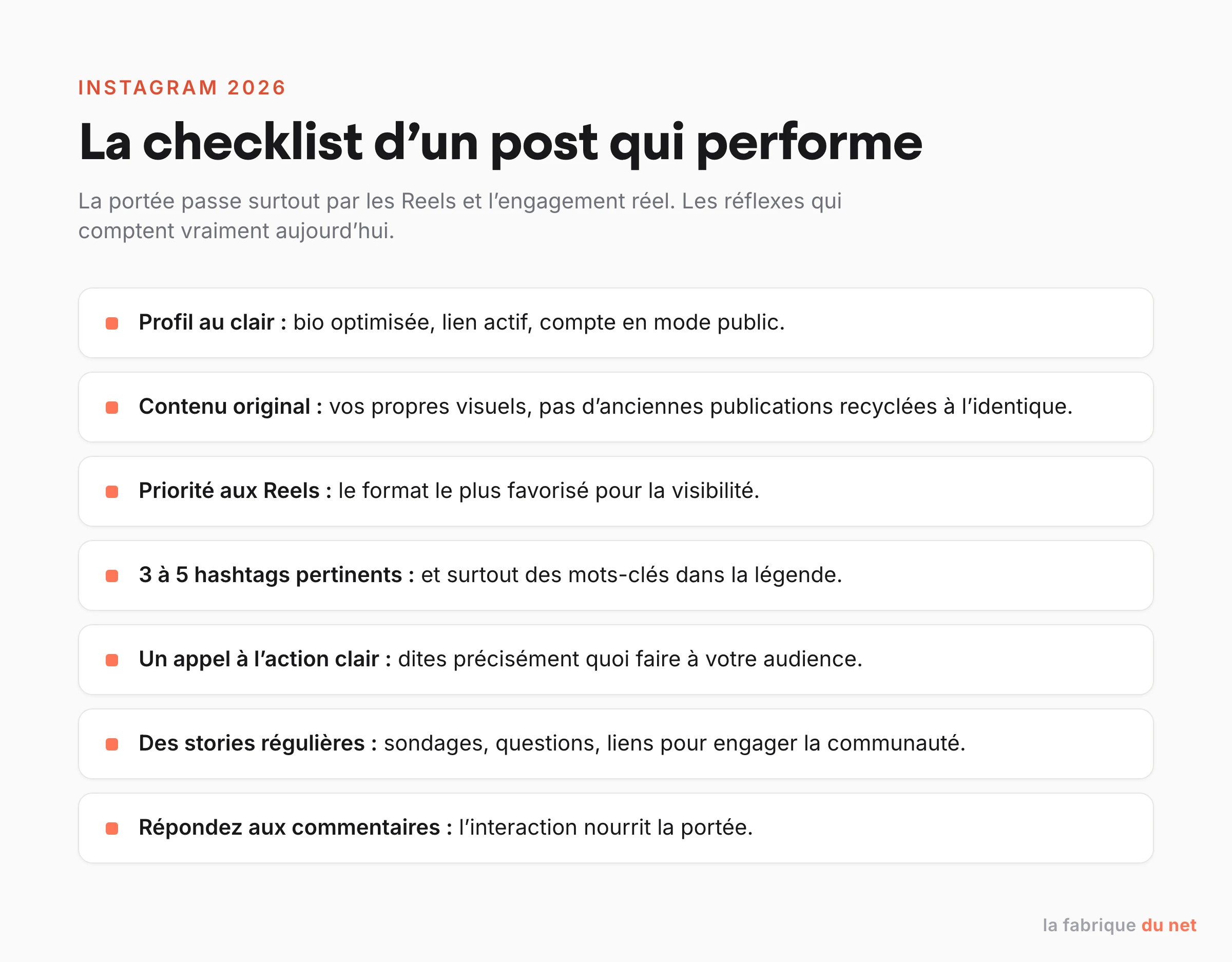 Checklist des leviers Instagram 2026 : bio optimisée, compte public, contenu original, Reels, appels à l’action, stories et réponses aux commentaires
