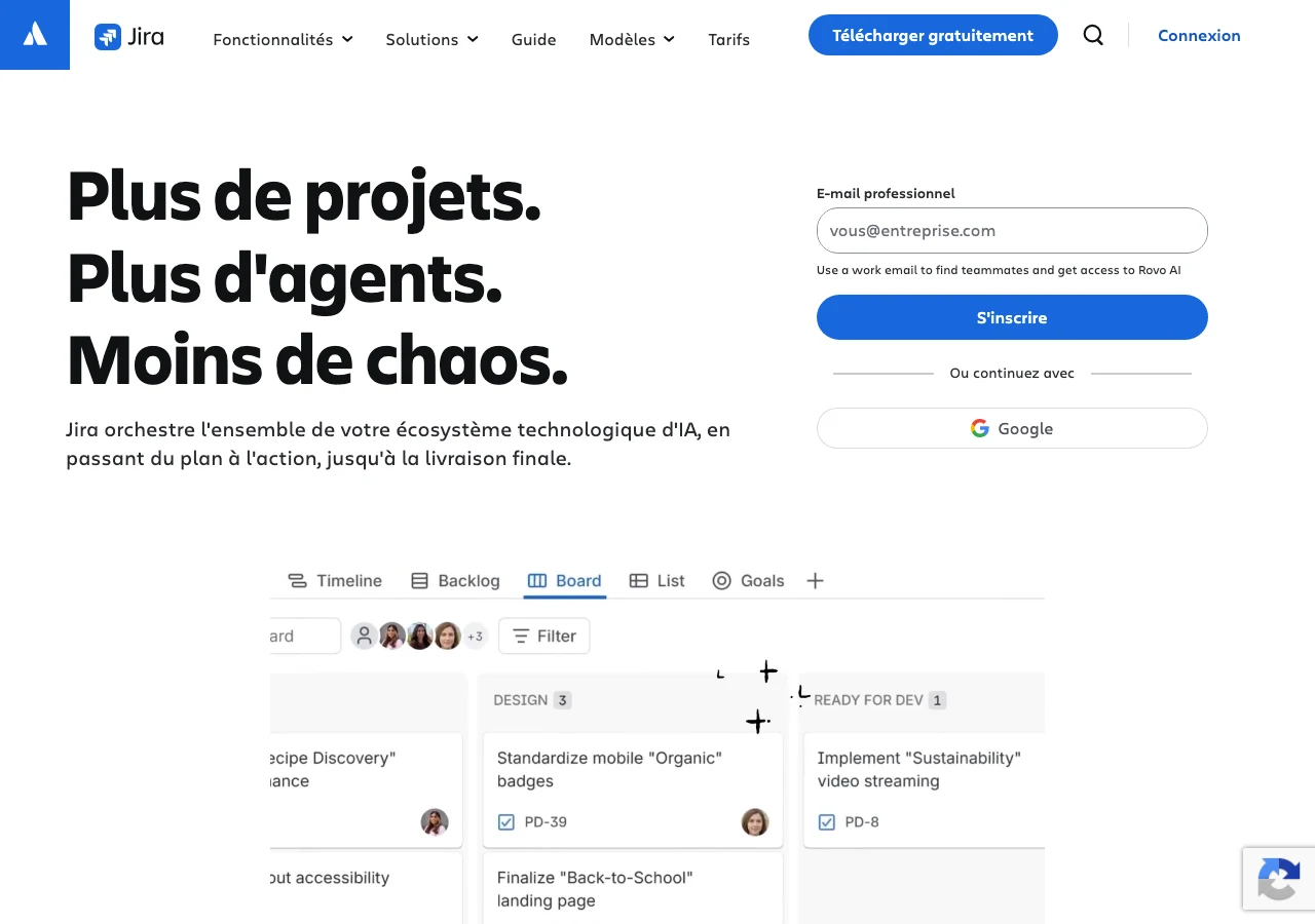 Capture de la page Jira d'Atlassian en juillet 2026 : l'outil de référence pour partager backlog, tickets et tableaux de sprint entre le client et son prestataire IT, support naturel des rituels Agiles