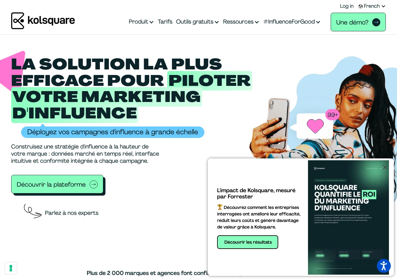 Capture de Kolsquare en juillet 2026, la plateforme française de pilotage du marketing d'influence : campagnes à grande échelle, mesure en temps réel et conformité intégrée, le type de suite professionnelle auquel les agences donnent accès