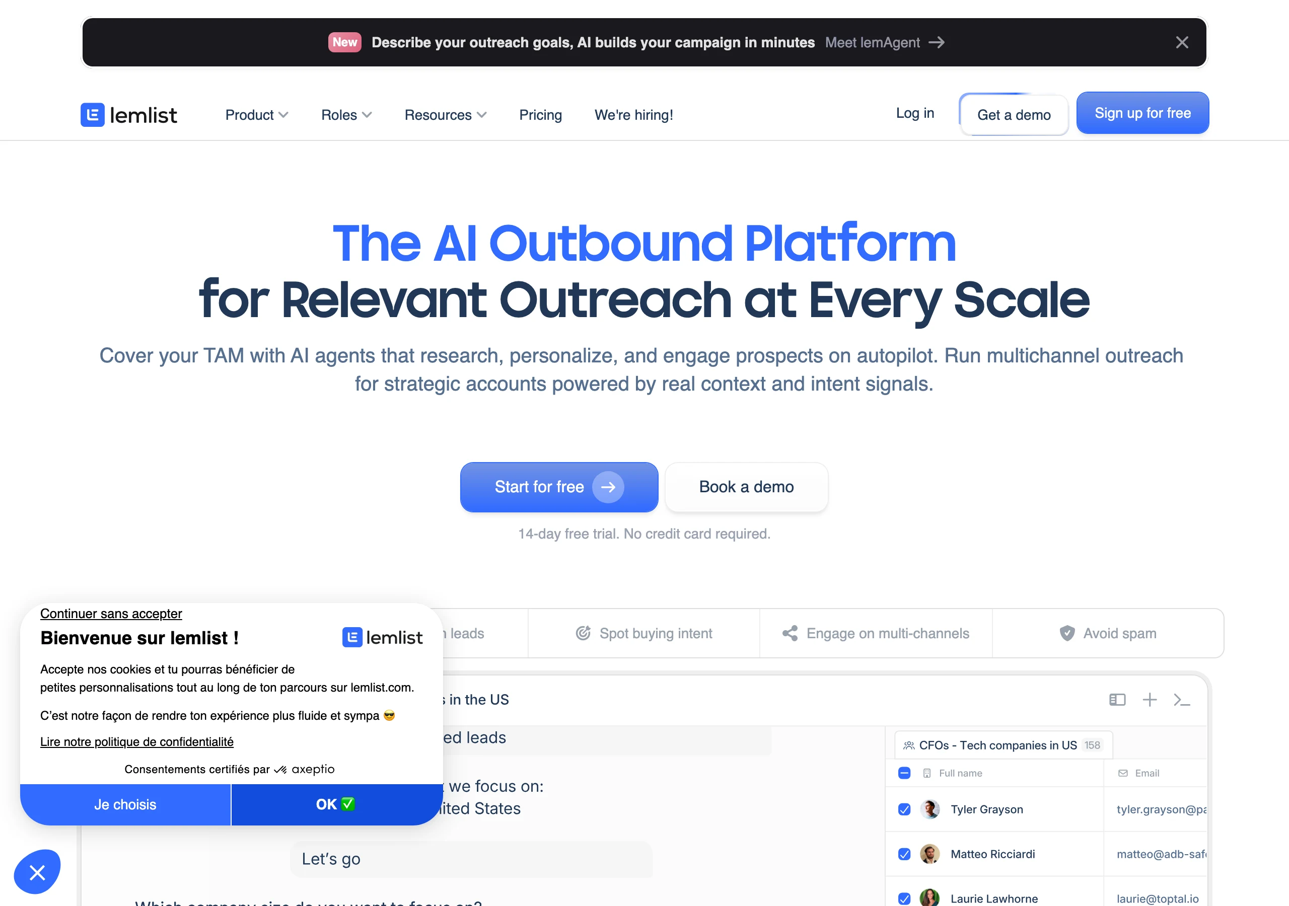 Capture de lemlist en juillet 2026, la plateforme française de prospection outbound multicanale utilisée pour les séquences de cold email personnalisées à l'échelle
