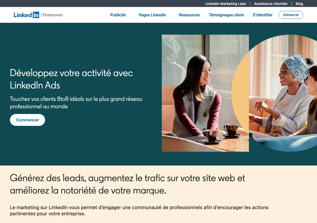 Capture de LinkedIn Marketing Solutions en français en juillet 2026 : la plateforme publicitaire LinkedIn Ads pour toucher les clients B2B, générer des leads et développer la notoriété
