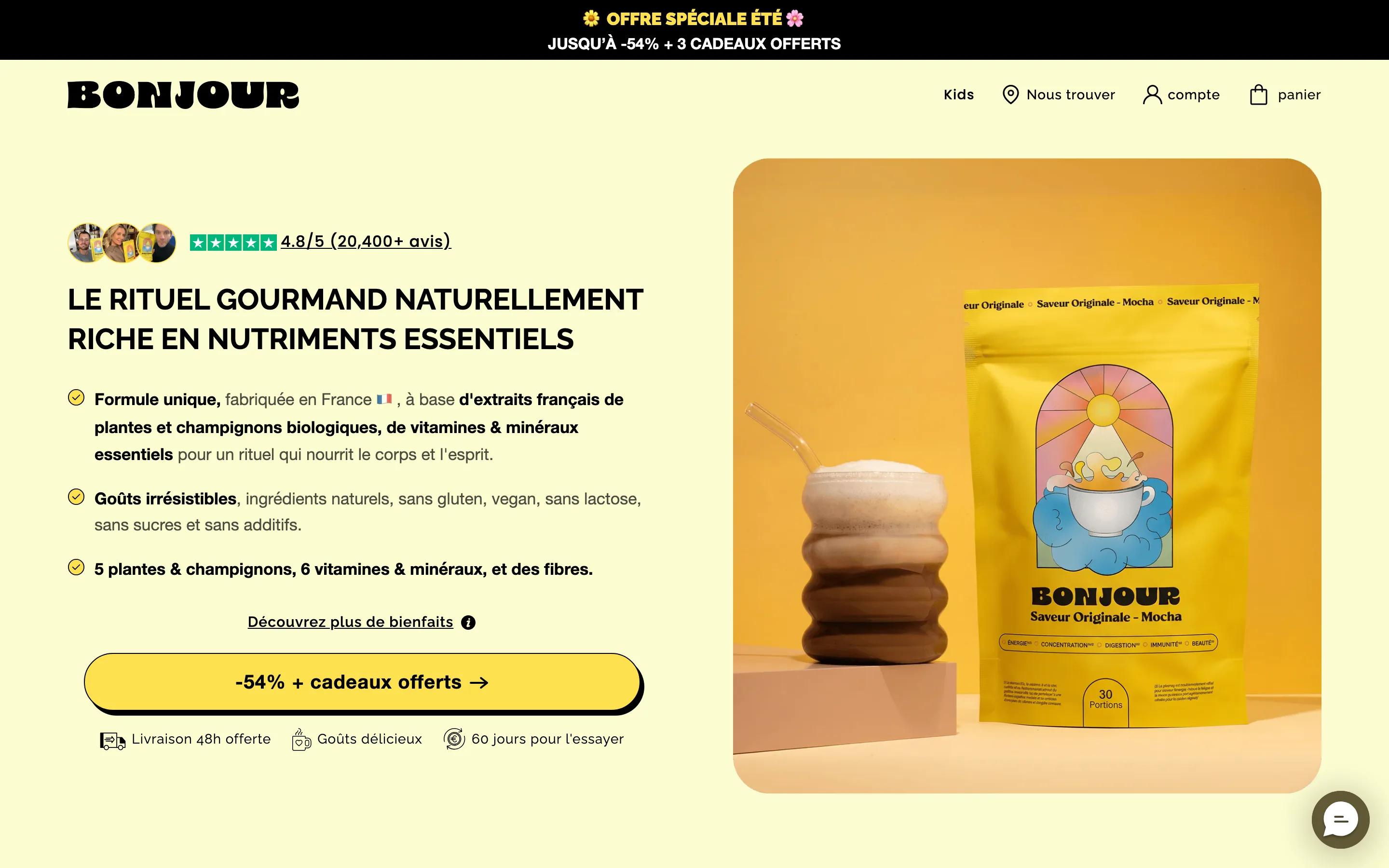 Landing page Bonjour : le rituel gourmand riche en nutriments, 4,8 sur 5 sur plus de 20 400 avis