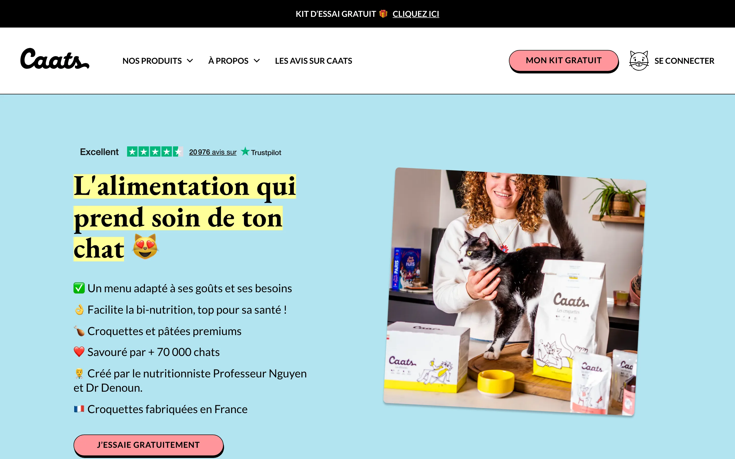 Landing page Caats : l'alimentation qui prend soin de ton chat, kit d'essai gratuit, plus de 70 000 chats