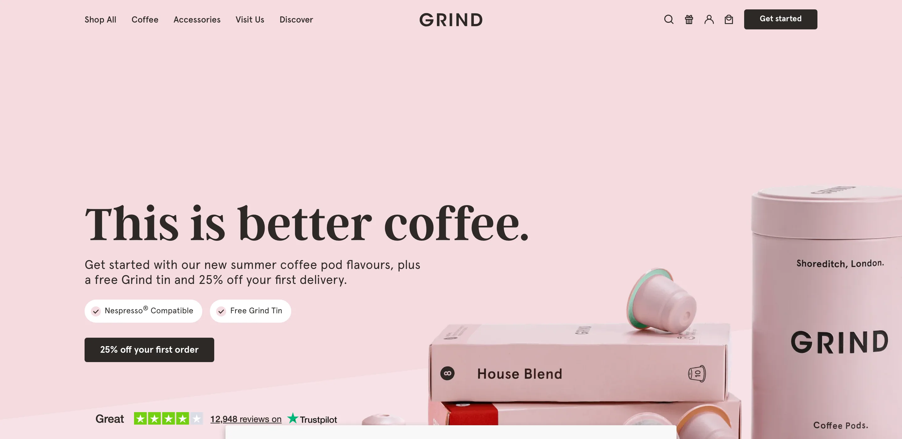 Landing page Grind : This is better coffee, compatible Nespresso, 25% off first order
