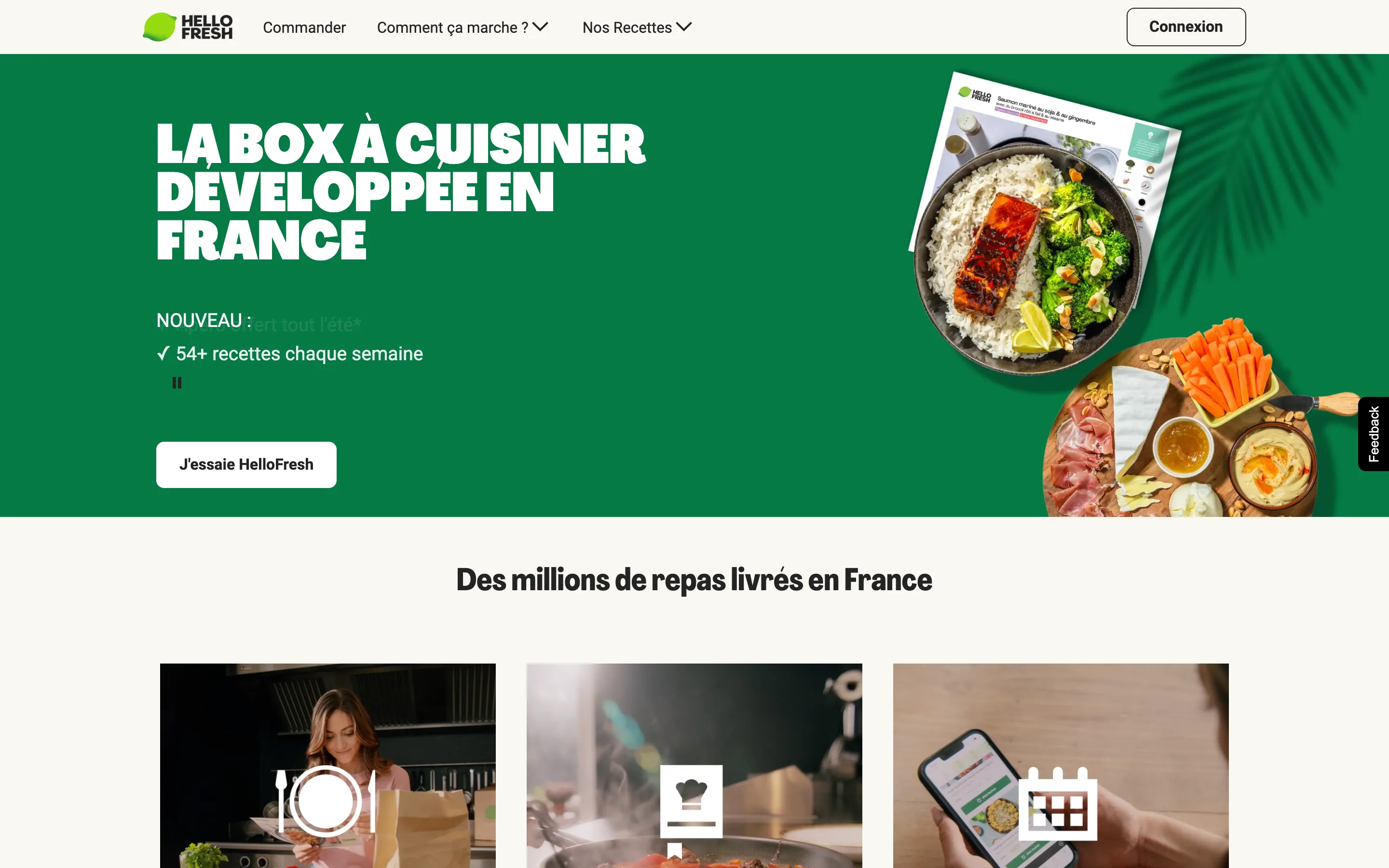 Landing page HelloFresh : la box à cuisiner développée en France, 54+ recettes par semaine