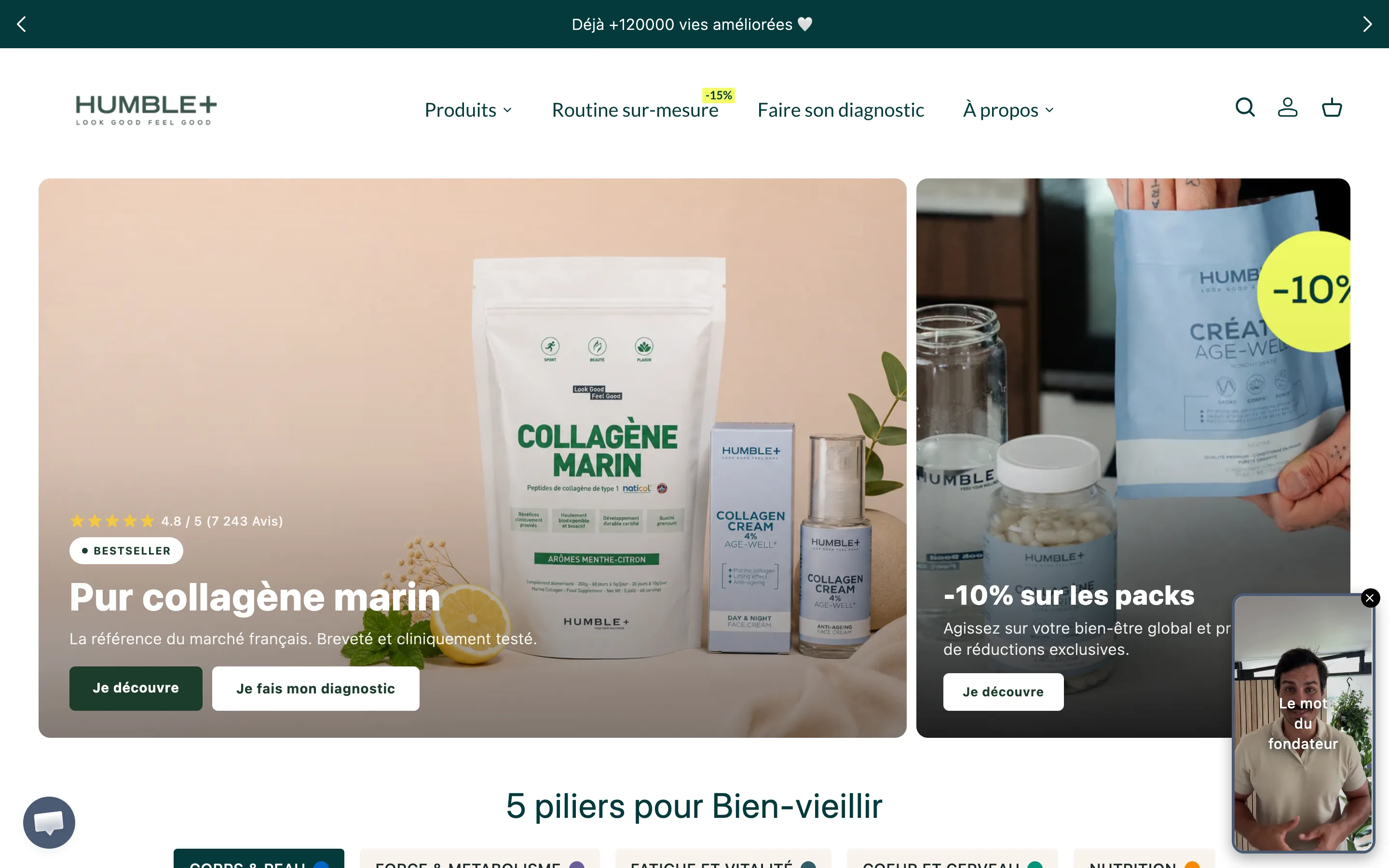 Landing page Humble+ : pur collagène marin, -10% sur les packs, faire son diagnostic
