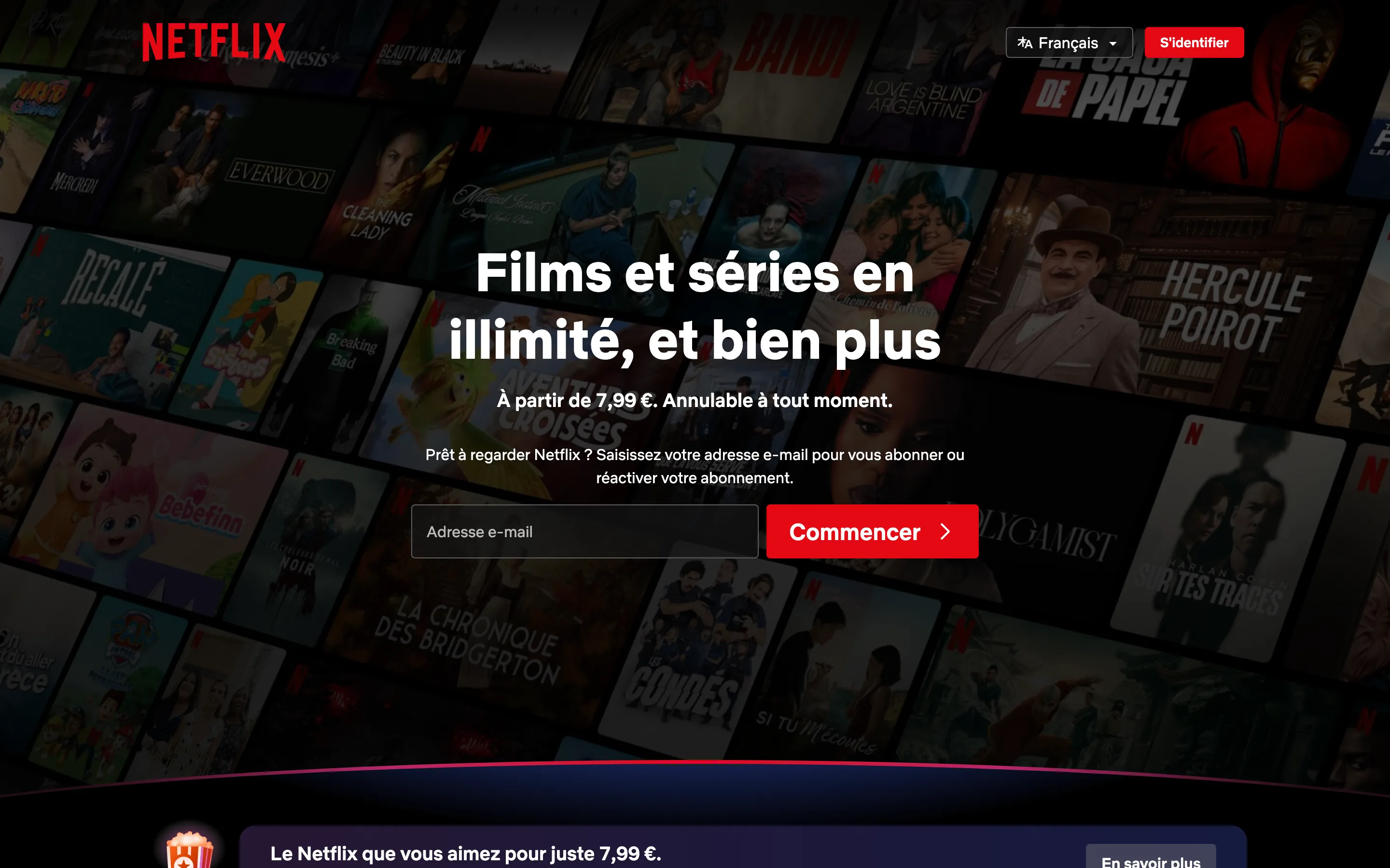 Landing page Netflix : Films et séries en illimité, à partir de 7,99 euros, annulable à tout moment