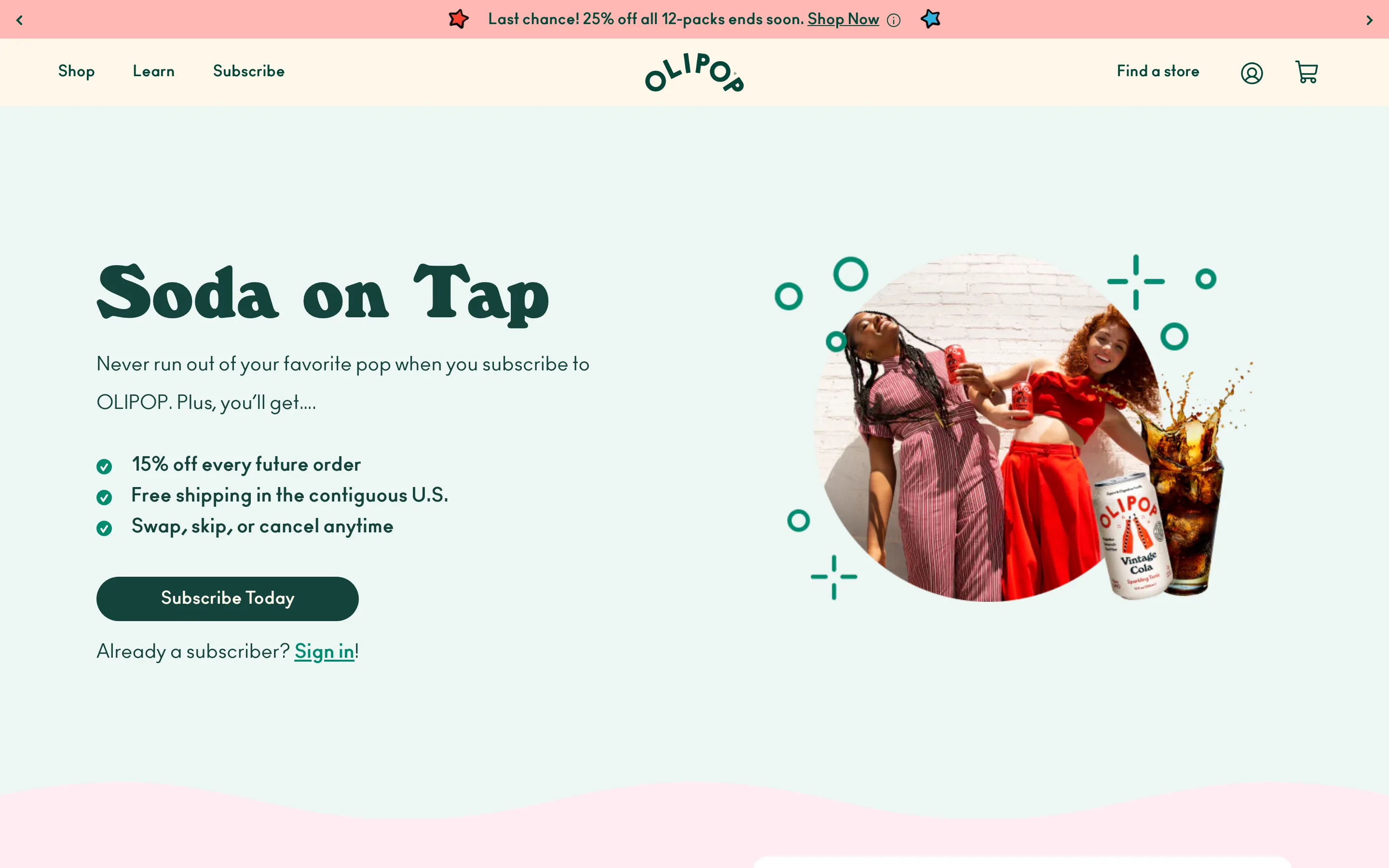 Landing page d'abonnement OLIPOP : Soda on Tap, 15% off, livraison offerte
