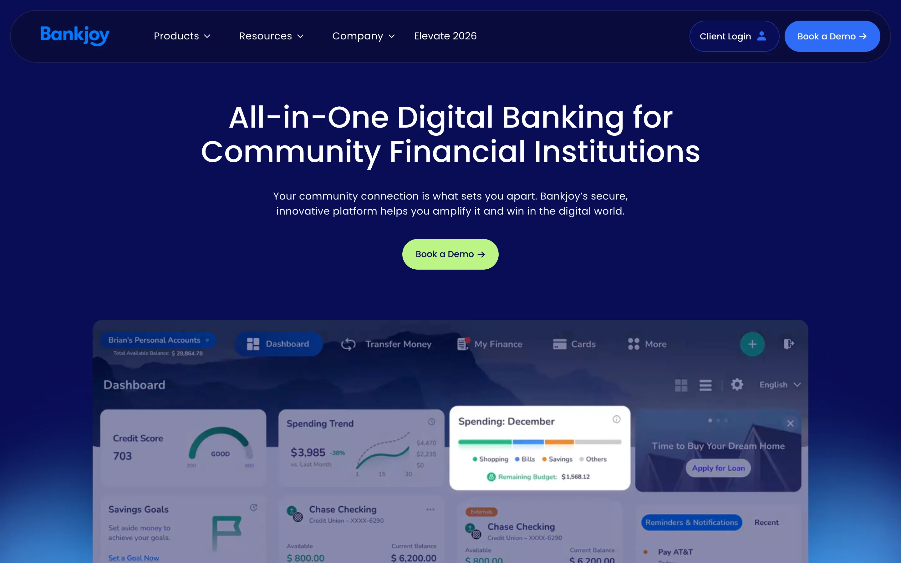 Landing page Bankjoy : All-in-One Digital Banking for Community Financial Institutions