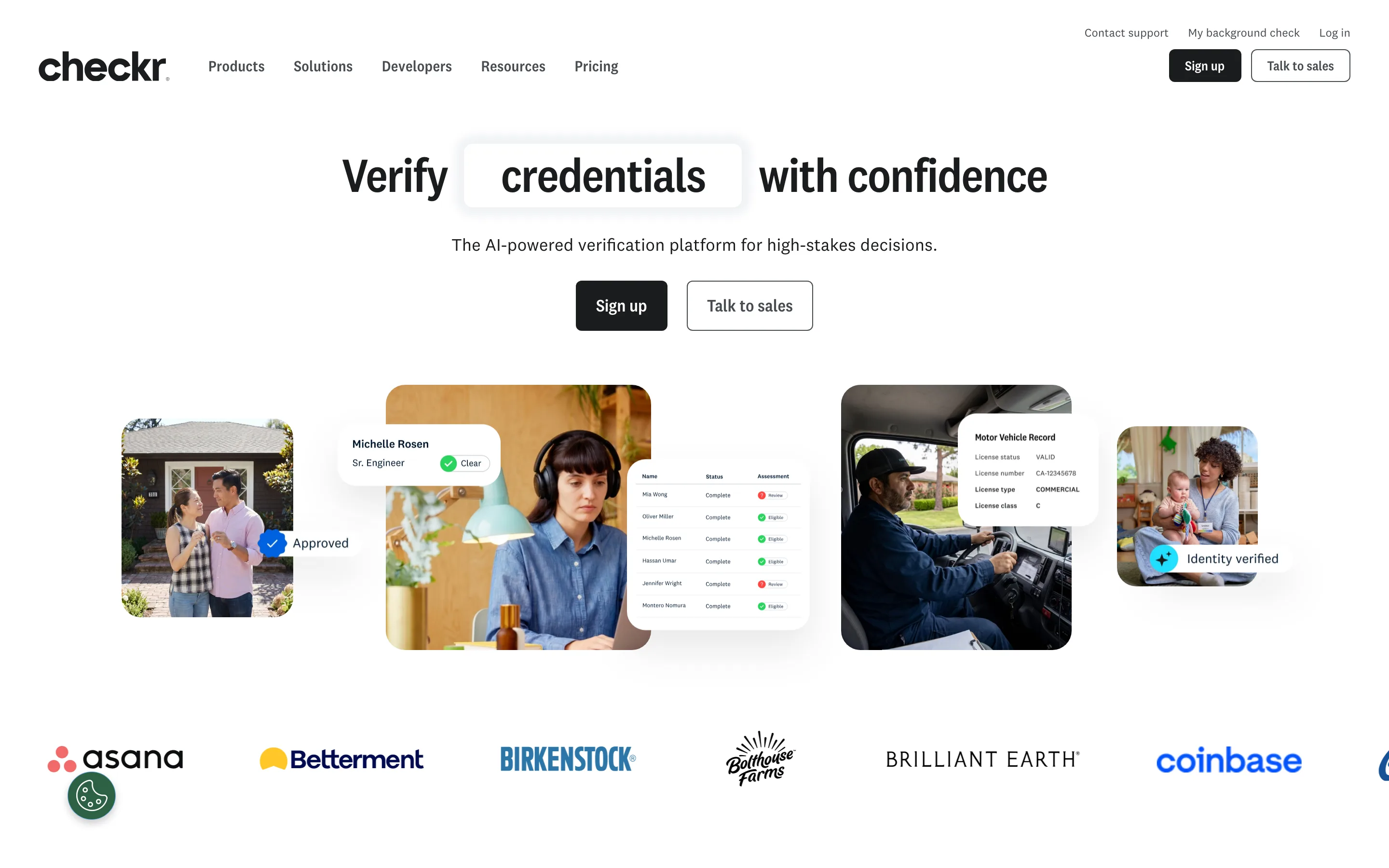 Landing page Checkr : Verify credentials with confidence, plateforme de vérification IA