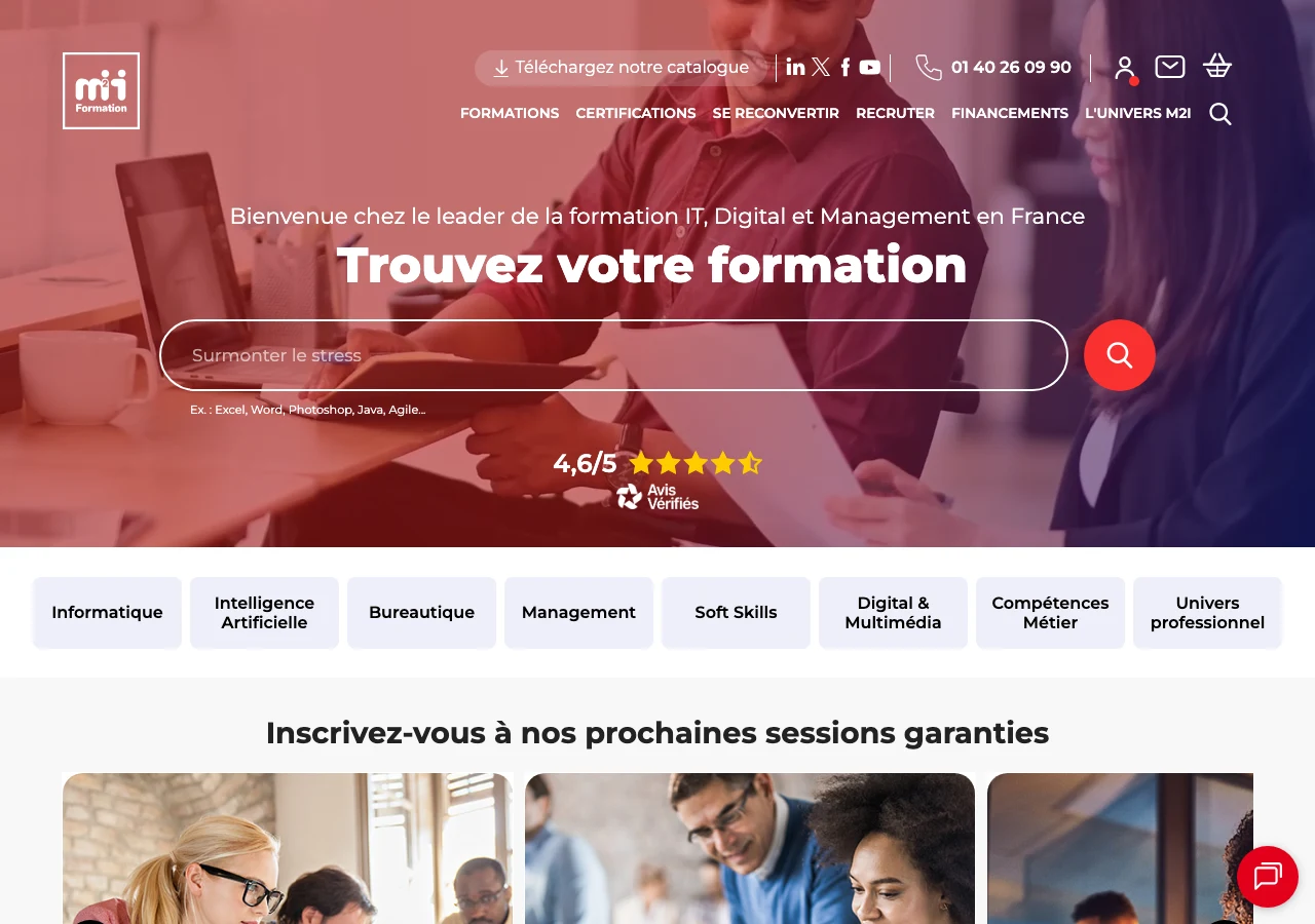 Capture du site de M2i Formation en juillet 2026 : le leader français de la formation IT, digital et management, 3 000 formations et 40 centres, avec ses filières management et gestion de projet