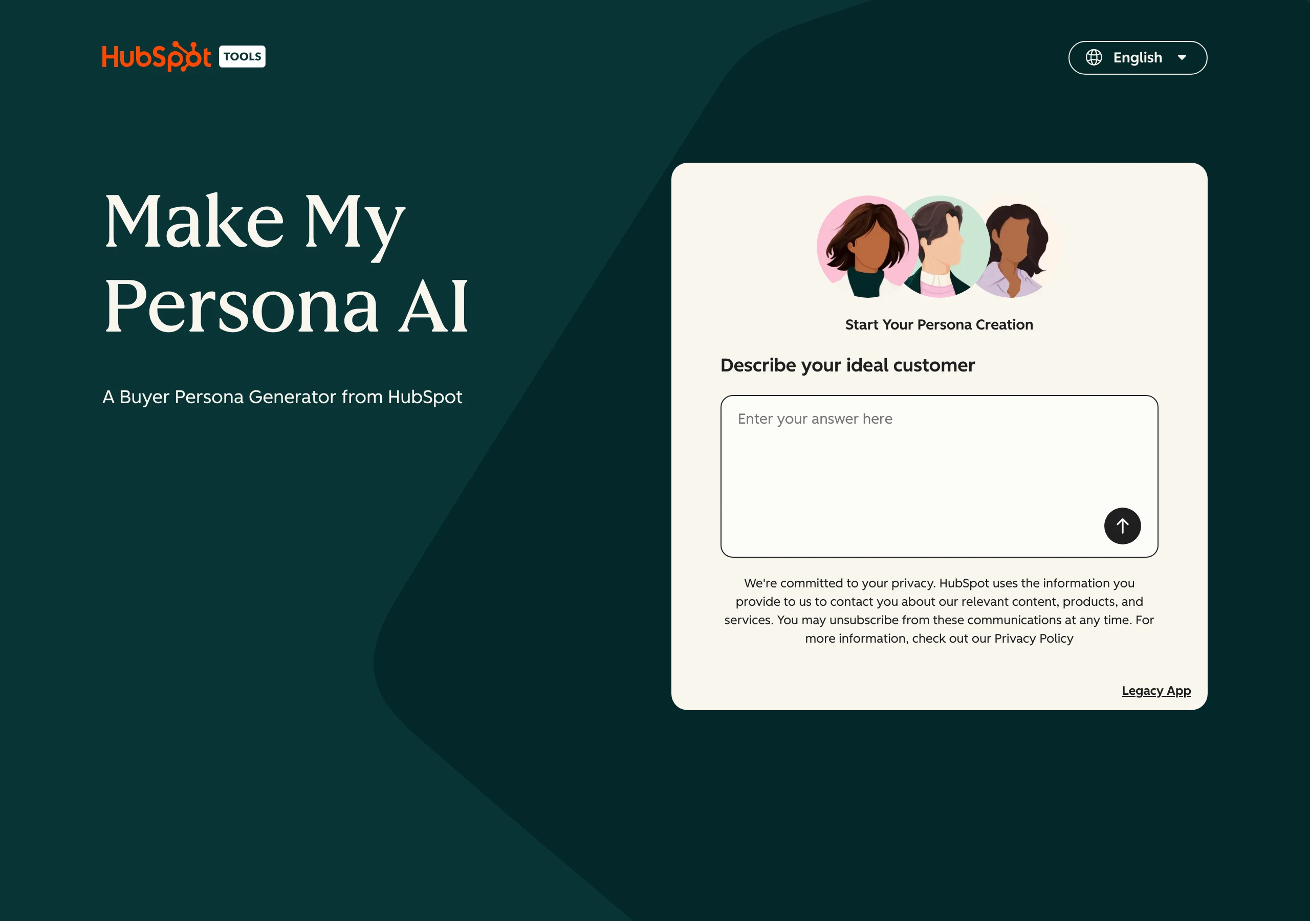 Capture du générateur gratuit Make My Persona de HubSpot en juillet 2026 : un outil qui structure une fiche persona (démographie, objectifs, points de douleur) à partir d'une description, à alimenter avec de vraies données de recherche
