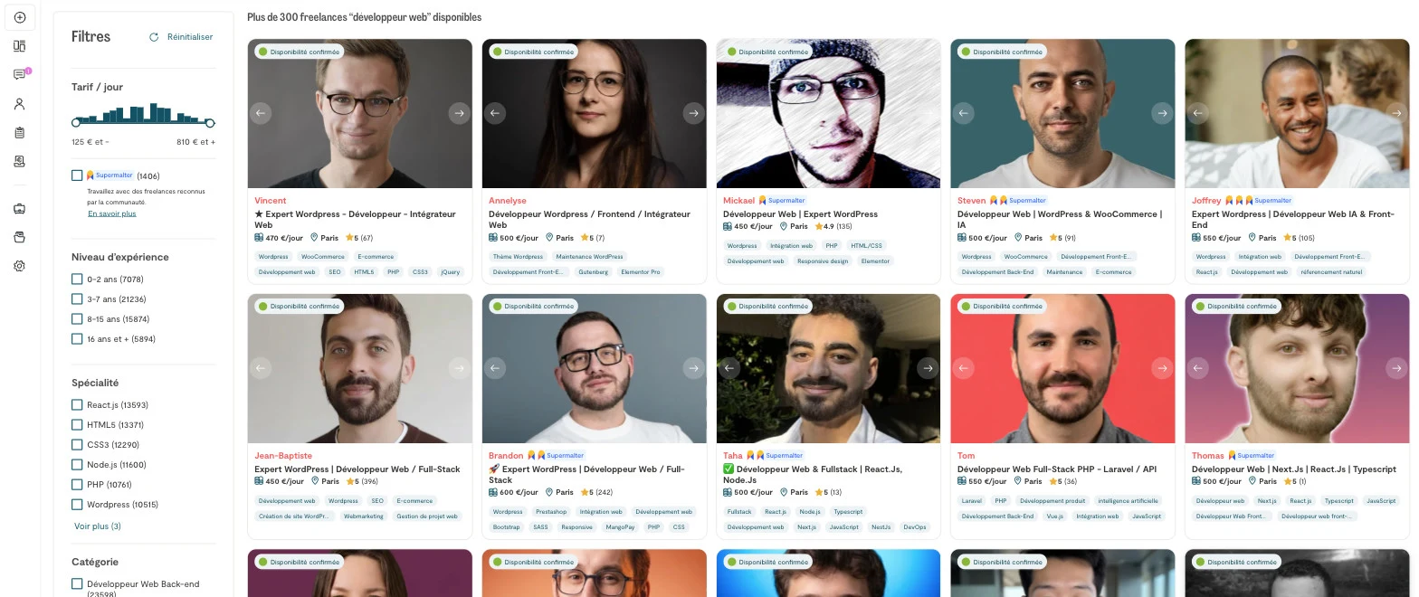 Recherche de développeurs web freelances sur Malt en 2026 : TJM affichés de 450 à 600 euros par jour