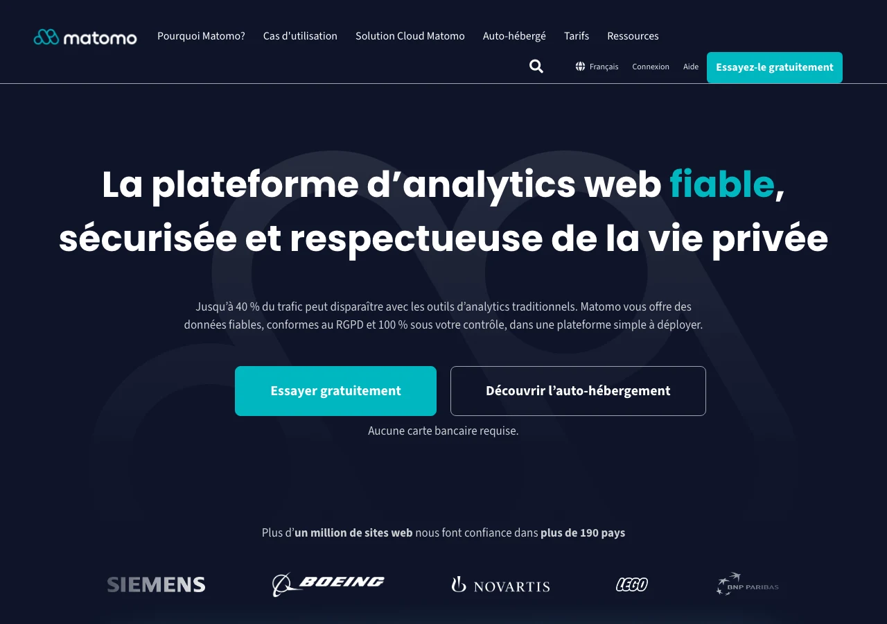 Capture de Matomo en français en juillet 2026 : la plateforme d'analytics respectueuse de la vie privée, conforme RGPD et auto-hébergeable, l'alternative à GA4 adoptée par de nombreuses PME françaises pour mesurer leurs tunnels sans dépendre du consentement aux cookies