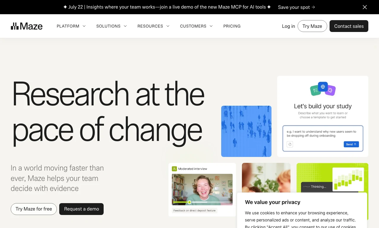 Capture de la page d'accueil de Maze en juillet 2026, plateforme de tests utilisateurs non modérés utilisée en product discovery : décider avec des preuves plutôt qu'avec des opinions