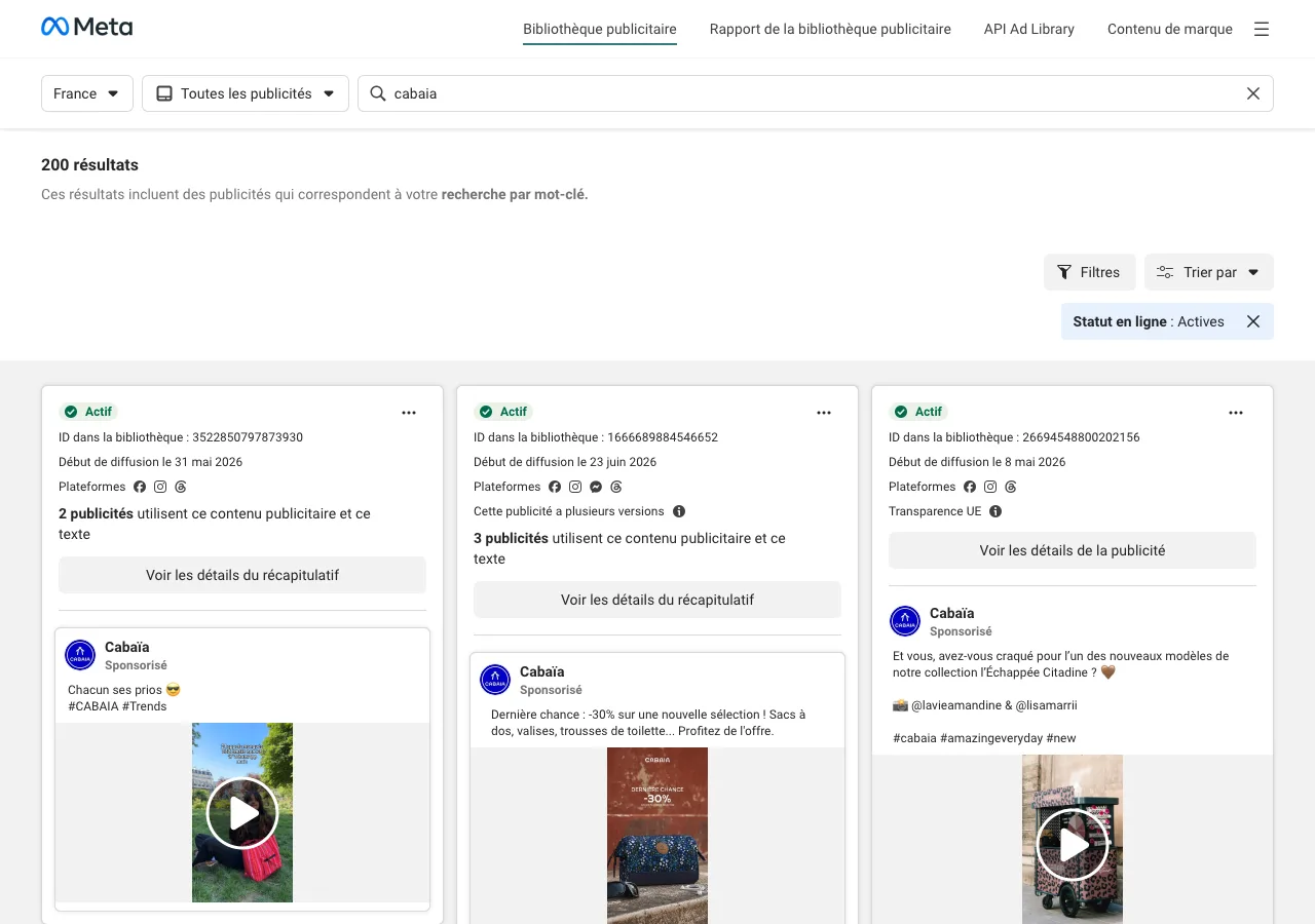 La Meta Ad Library affichant les 200 publicités actives d'un concurrent e-commerce