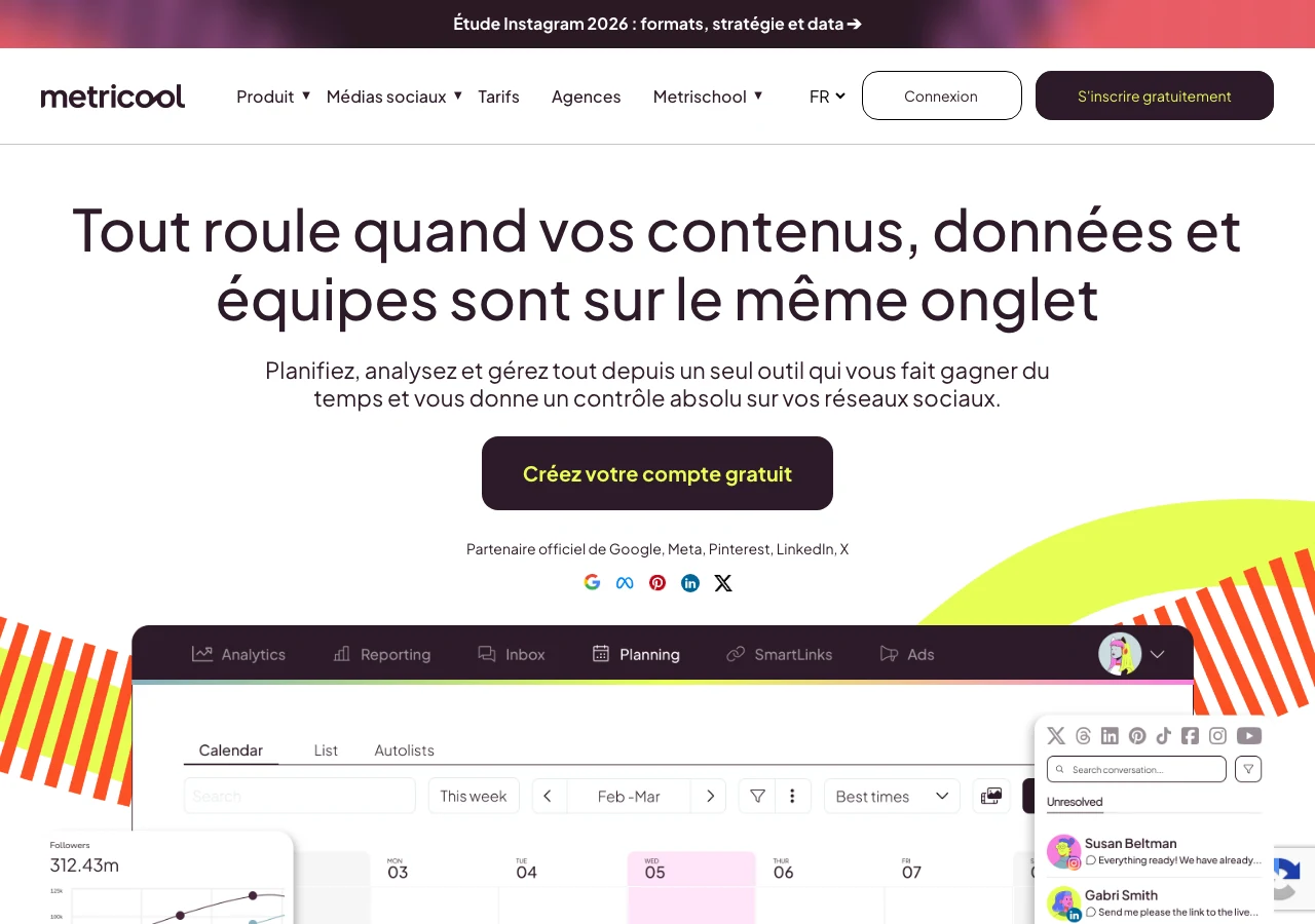 Capture de Metricool en juillet 2026, l'outil de planification et d'analyse social media : calendrier de programmation des publications et statistiques au même endroit, l'outillage type pour tenir ses créneaux TikTok validés