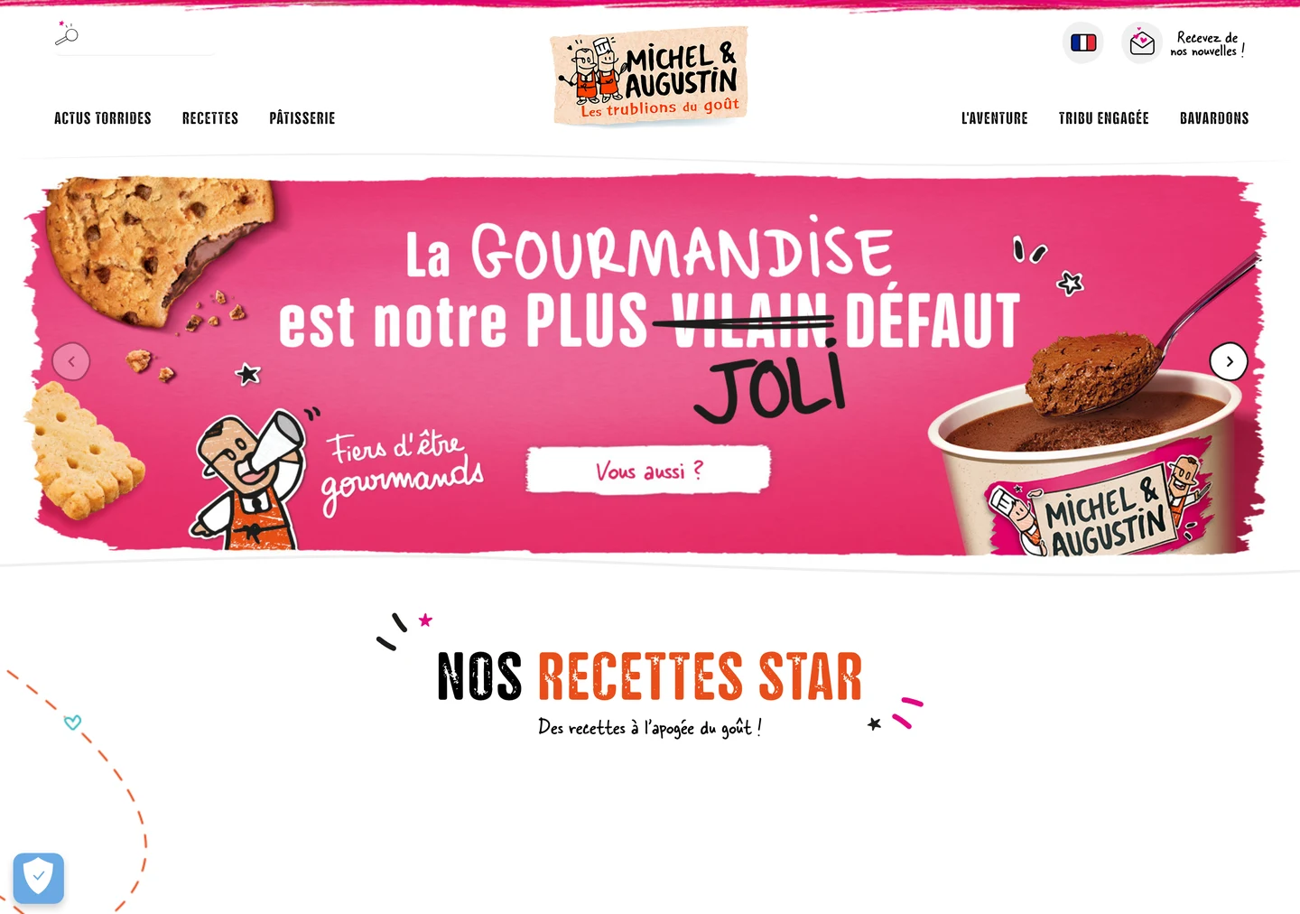 Page d'accueil de Michel et Augustin en juillet 2026 : typographie manuscrite, illustrations, rose saturé, slogan « La gourmandise est notre plus joli défaut »