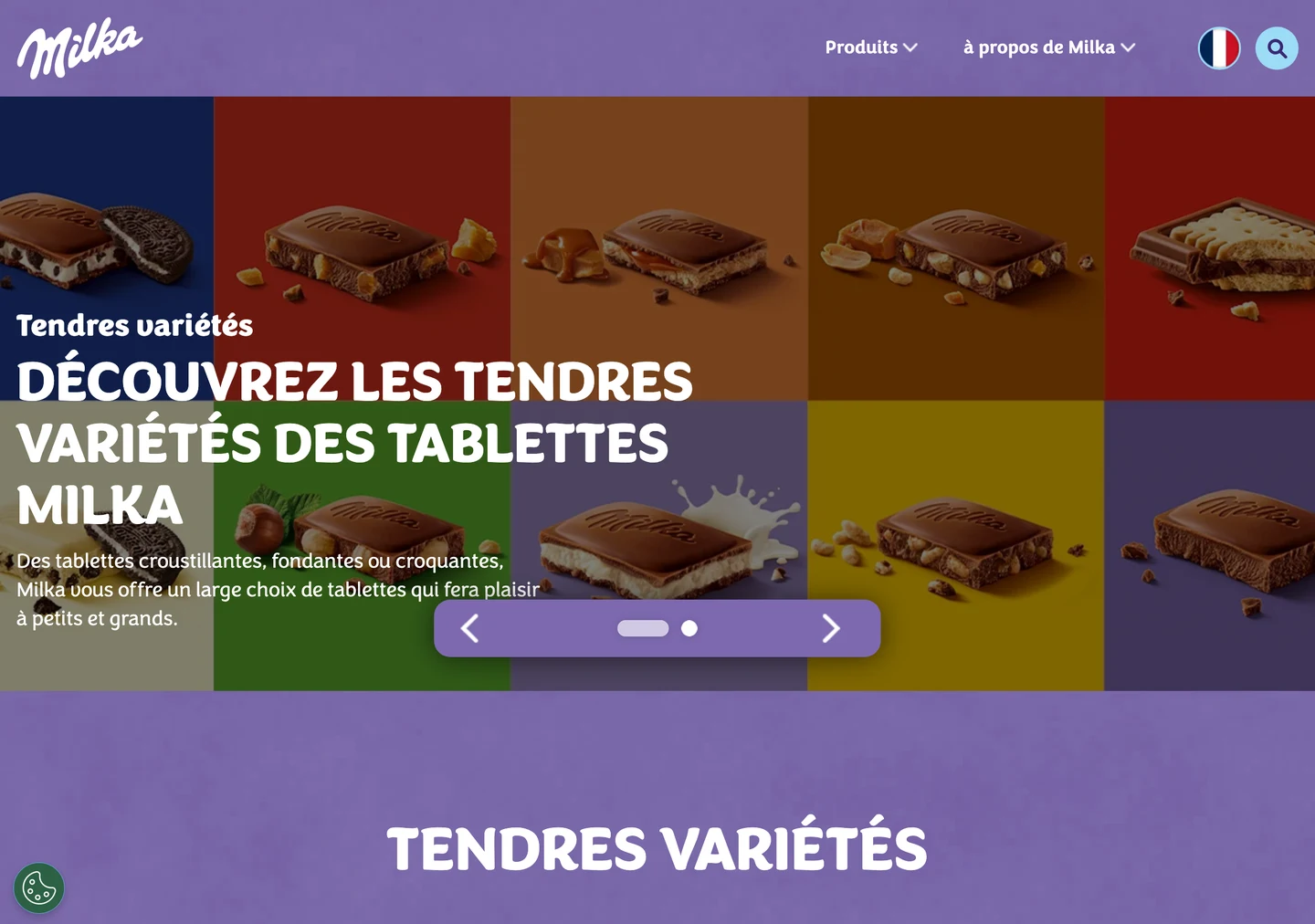 Page d'accueil de milka.fr en juillet 2026 : le lilas déposé de la marque sature l'ensemble de l'écran, du logo au fond de page, illustrant la couleur comme actif de marque