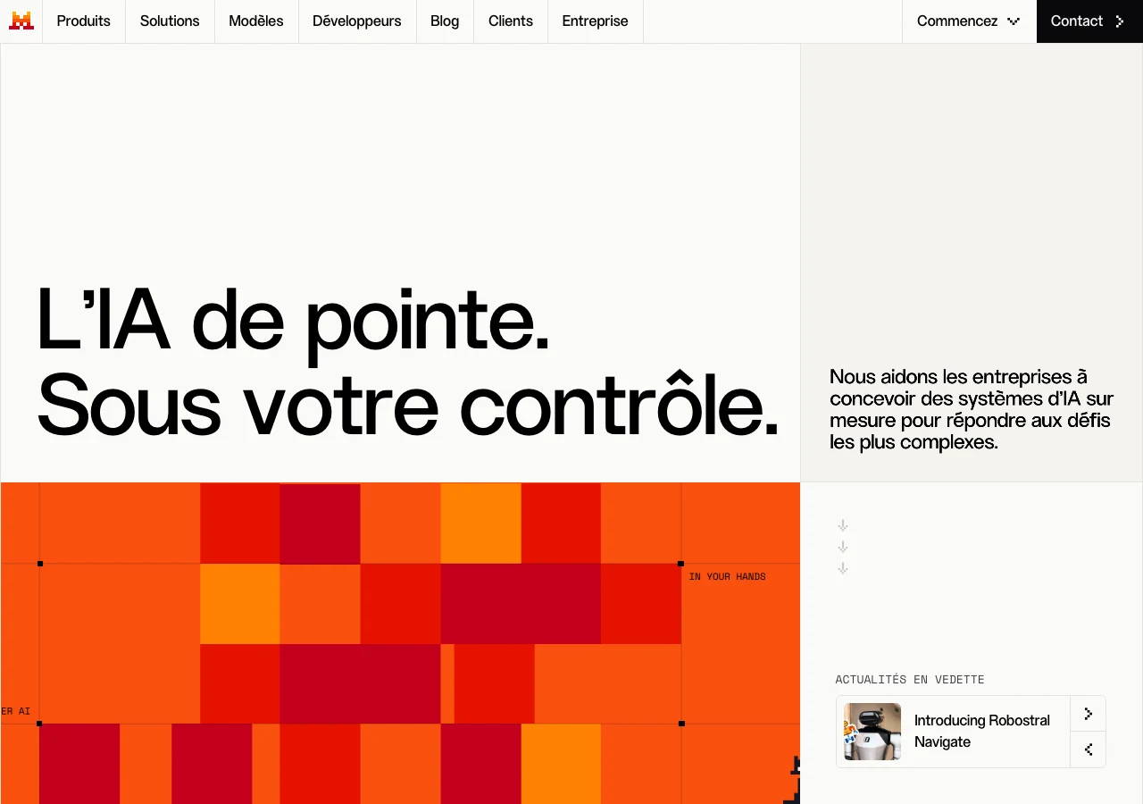 Capture du site de Mistral AI en juillet 2026, le champion français des LLM : « L'IA de pointe. Sous votre contrôle. », le positionnement souveraineté et maîtrise des données au cœur de l'argument commercial européen
