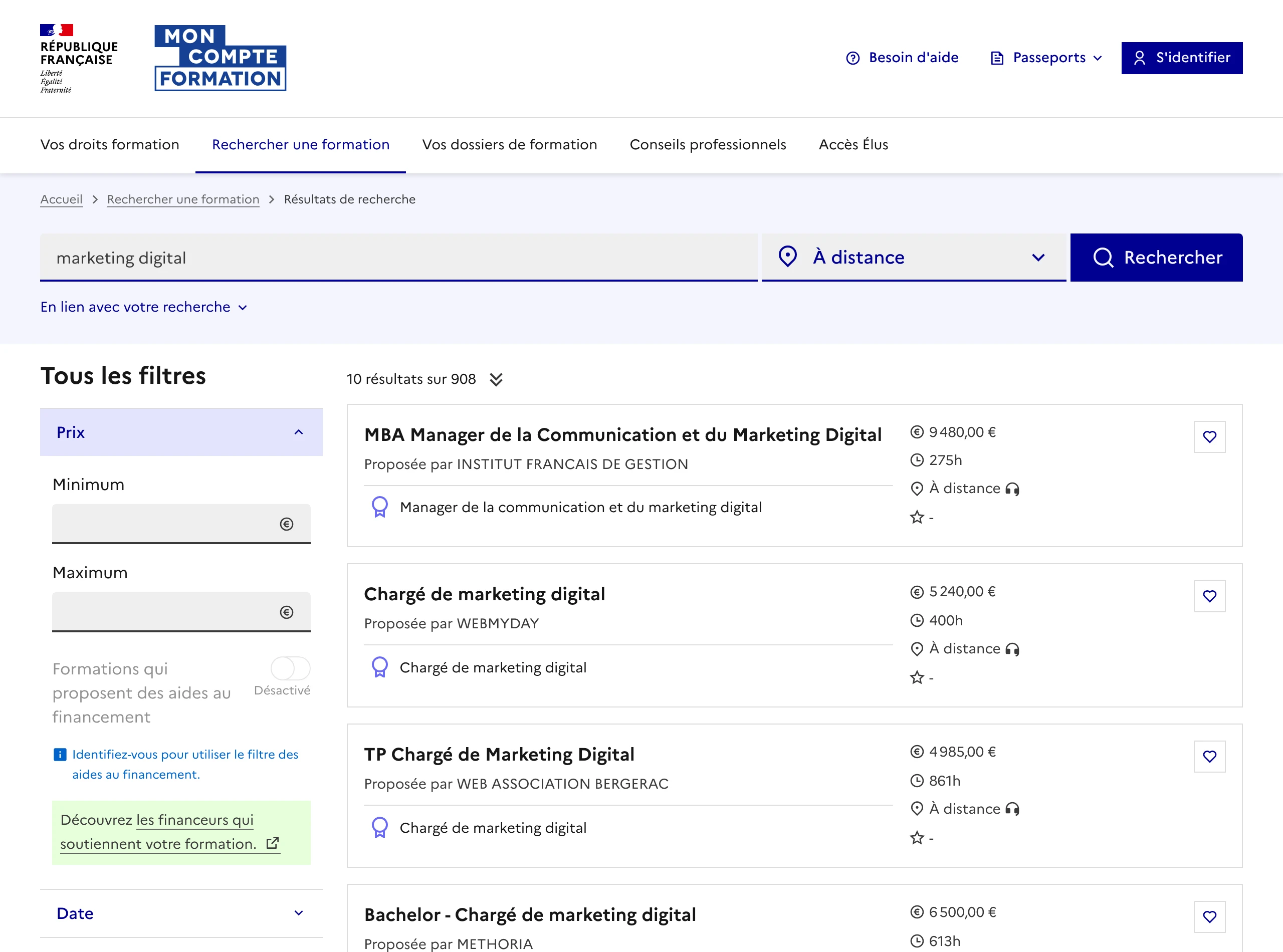 Capture de Mon Compte Formation (juillet 2026) : la recherche « marketing digital » à distance renvoie 908 formations éligibles CPF avec les prix réels affichés, la preuve que l'offre nationale à distance a remplacé la contrainte géographique