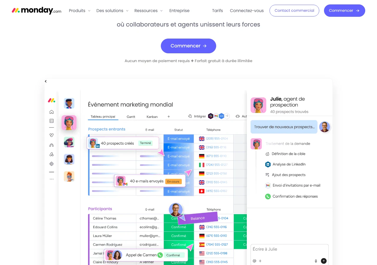Capture de monday.com en français en juillet 2026 : tableaux, Gantt et suivi partagé, l'outillage type des rituels de pilotage qui évitent l'effet tunnel entre un client et son agence