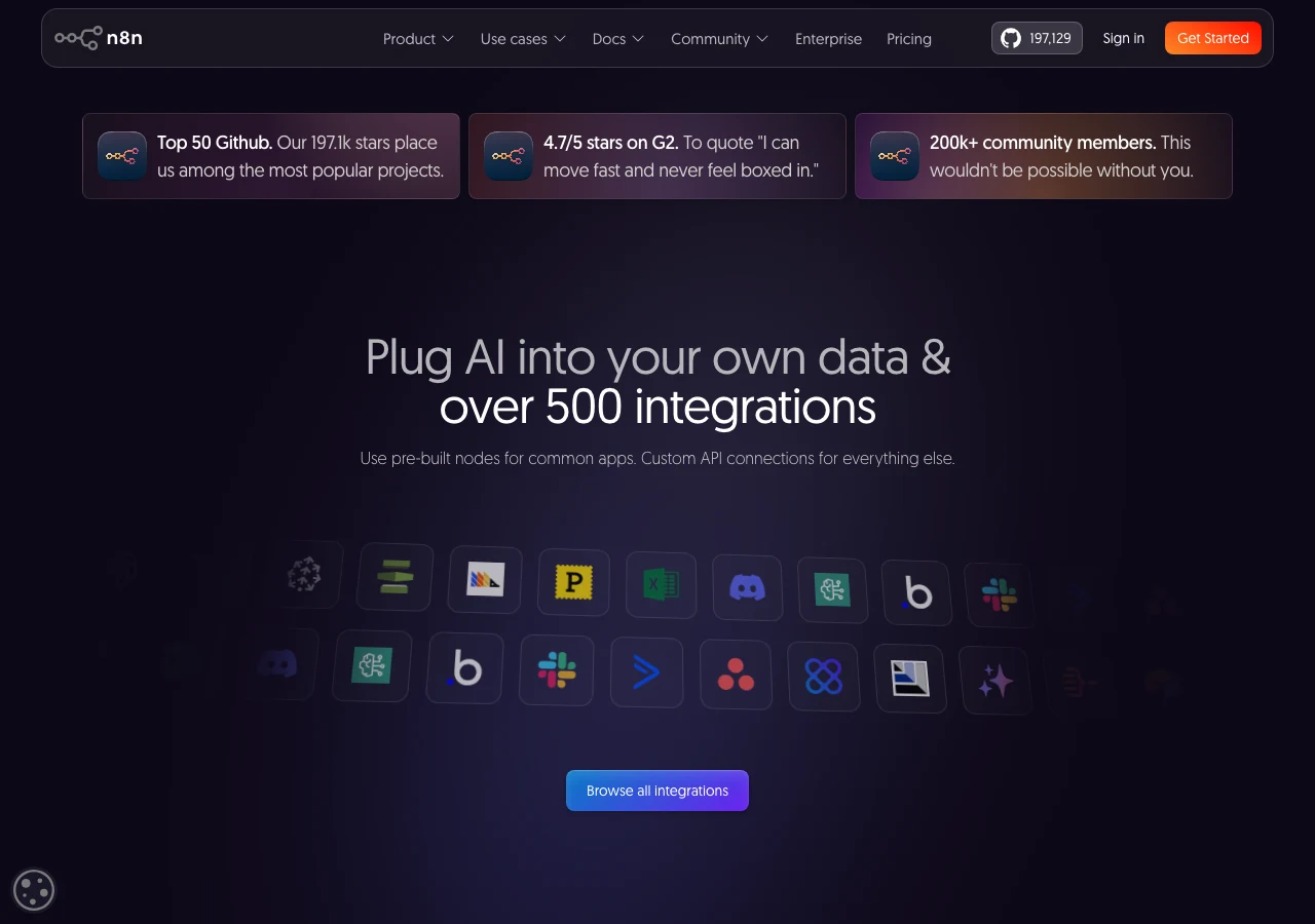 Capture du site de n8n en juillet 2026, plateforme d'automatisation de workflows IA citée dans l'article : brancher l'IA sur ses propres données avec plus de 500 intégrations prêtes à l'emploi, la couche d'orchestration type de l'approche overlay